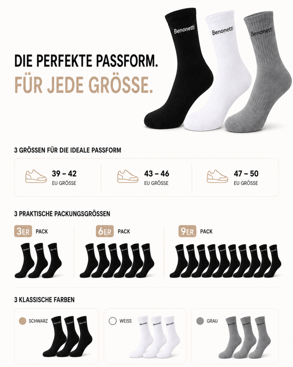 Benonetti Tennissocken Grau – Unisex Sportsocken für Damen & Herren
