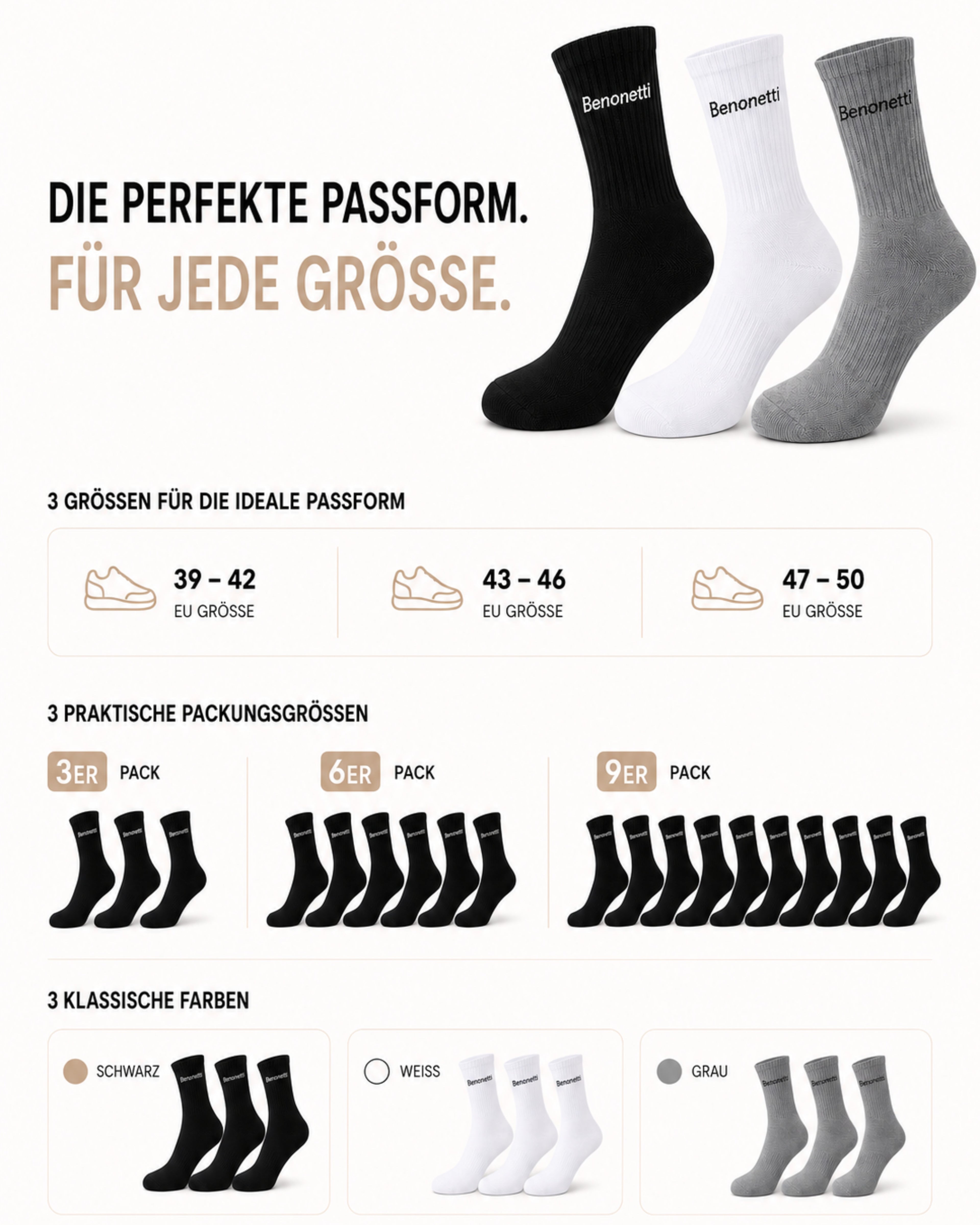 Benonetti Tennissocken Grau – Unisex Sportsocken für Damen & Herren