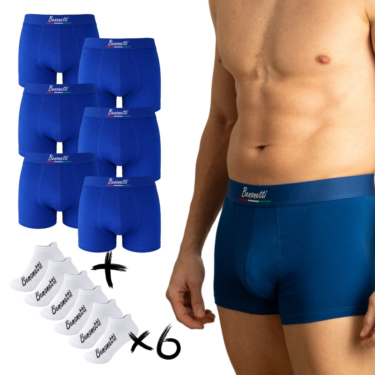 Benonetti Bundle Herren Boxershorts, Azurblau - Sneaker Socken - 6er Pack