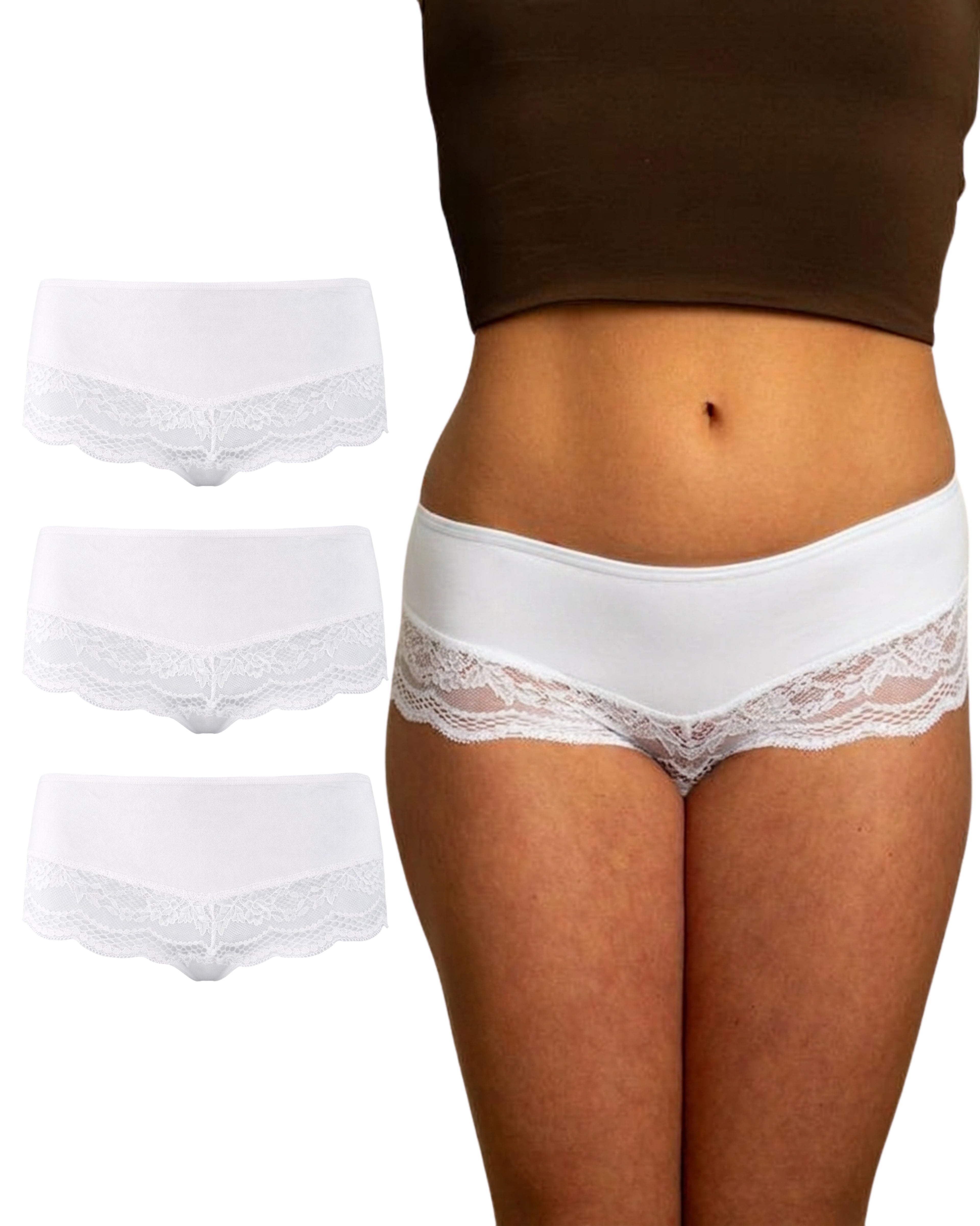 Benonetti Damen Hipster mit Spitzen - Weiß – 3er Pack