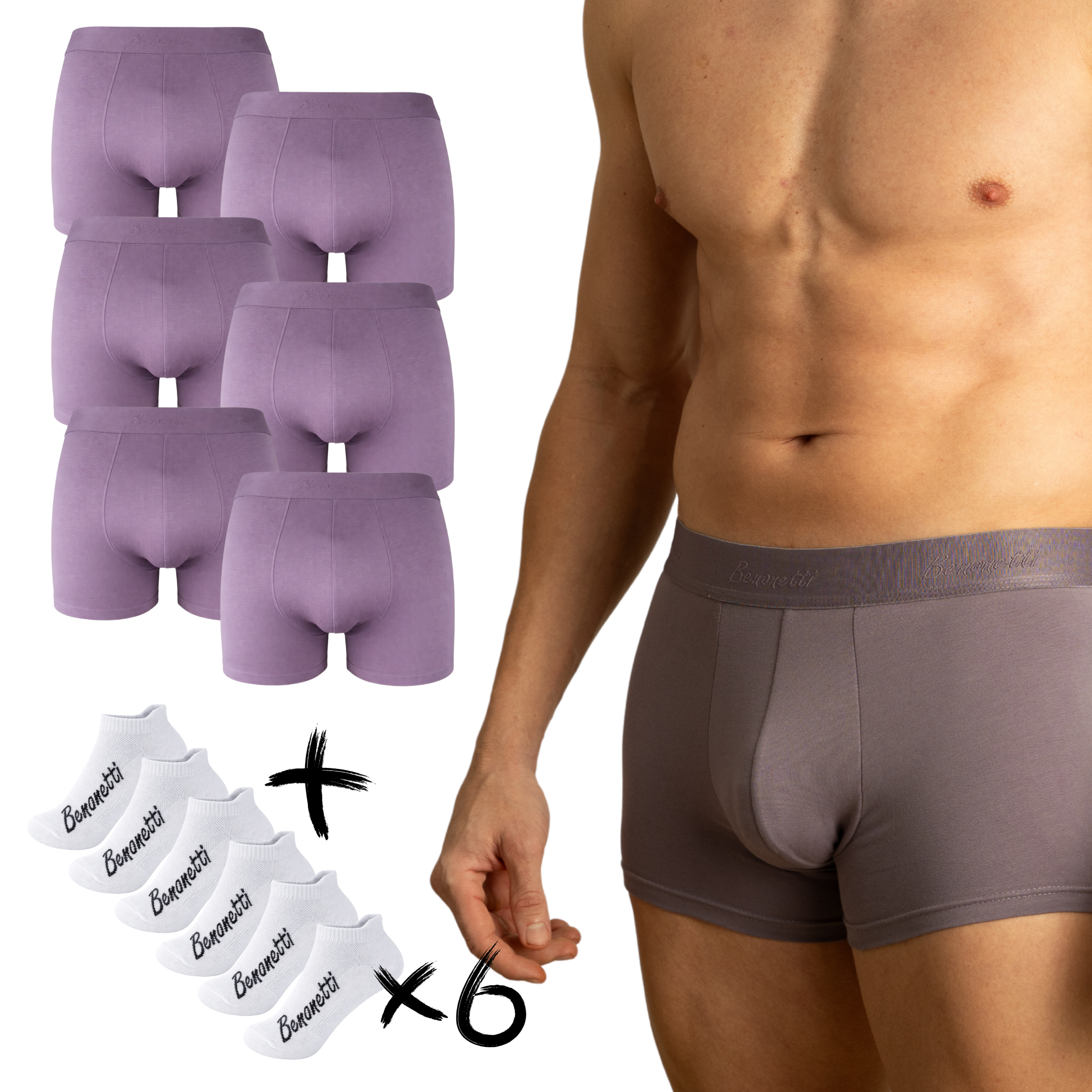 Benonetti Bundle Herren Boxershorts, Lila - Sneaker Socken - 6er Pack