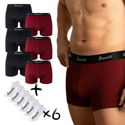 Benonetti Bundle Herren Boxershorts, Weinrot, Schwarz- Sneaker Socken - 6er Pack