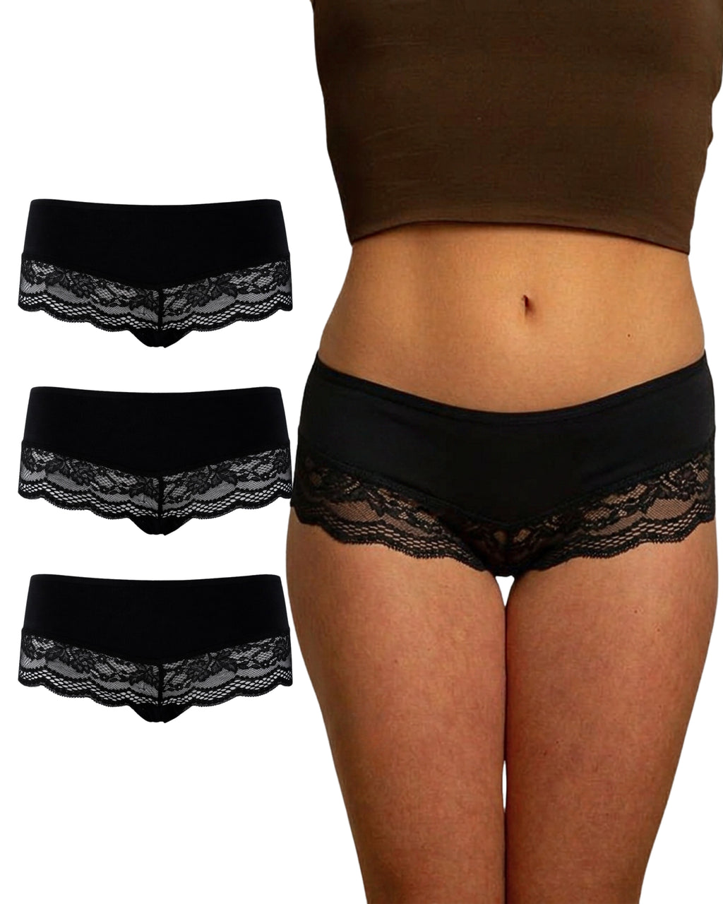 Benonetti Damen Hipster mit Spitzen - Schwarz – 3er Pack