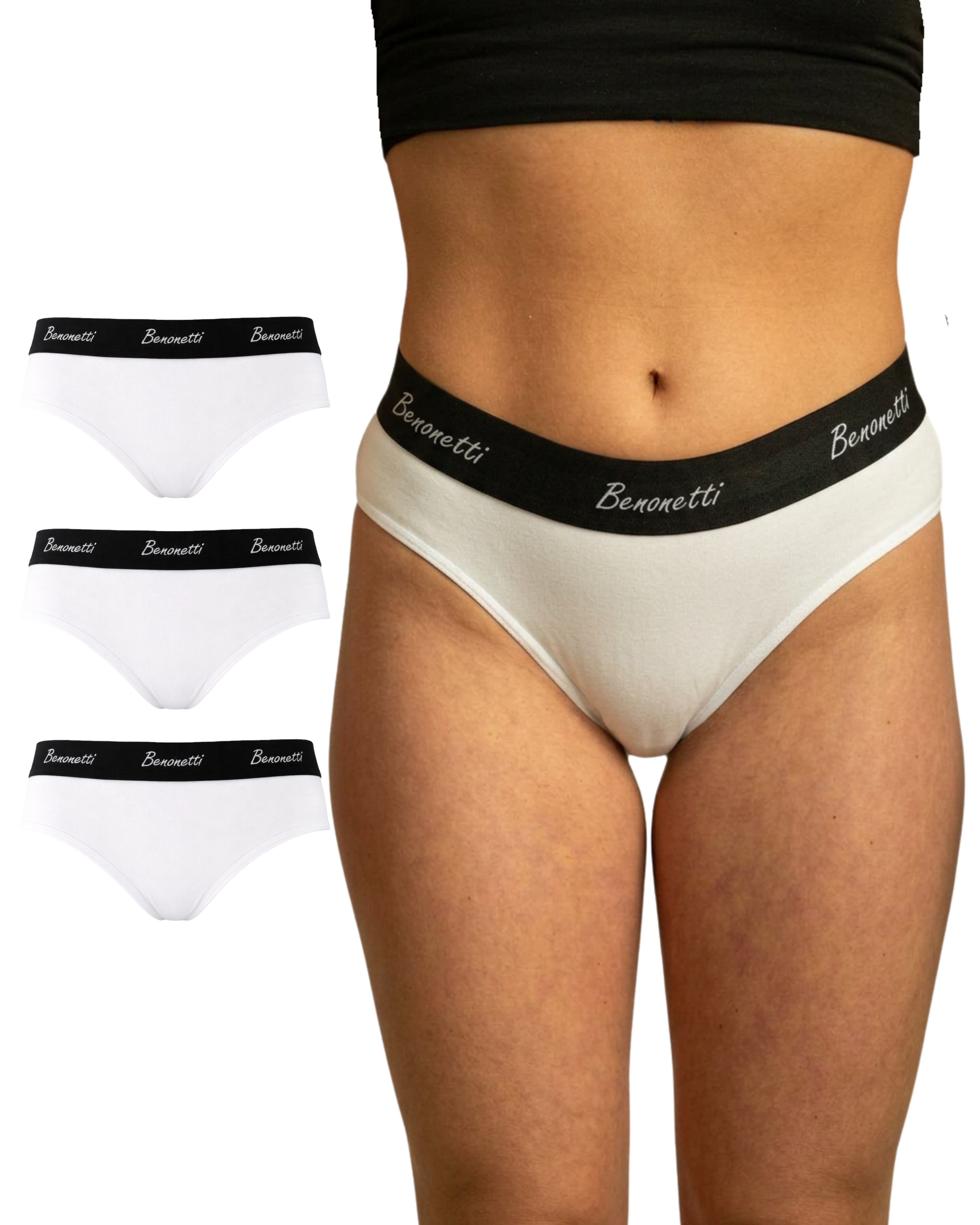 Benonetti Damen Slip mit elastischem Bund – Weiß – 3er Pack
