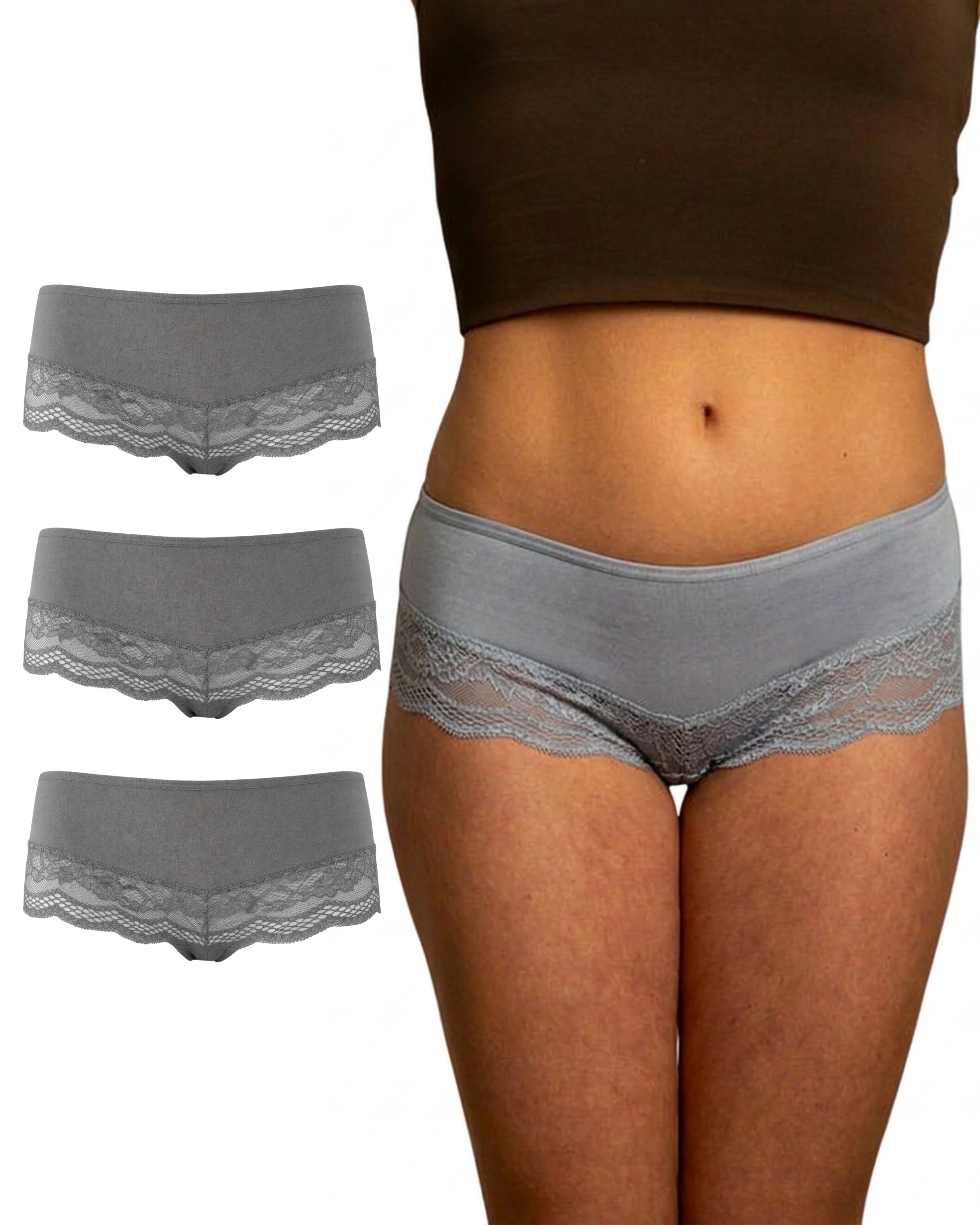 Benonetti Damen Hipster mit Spitzen - Grau – 3er Pack