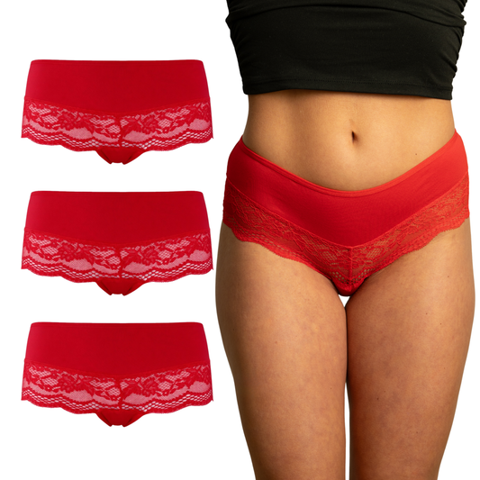 Benonetti Damen Hipster mit Spitzen - Rot – 3er Pack