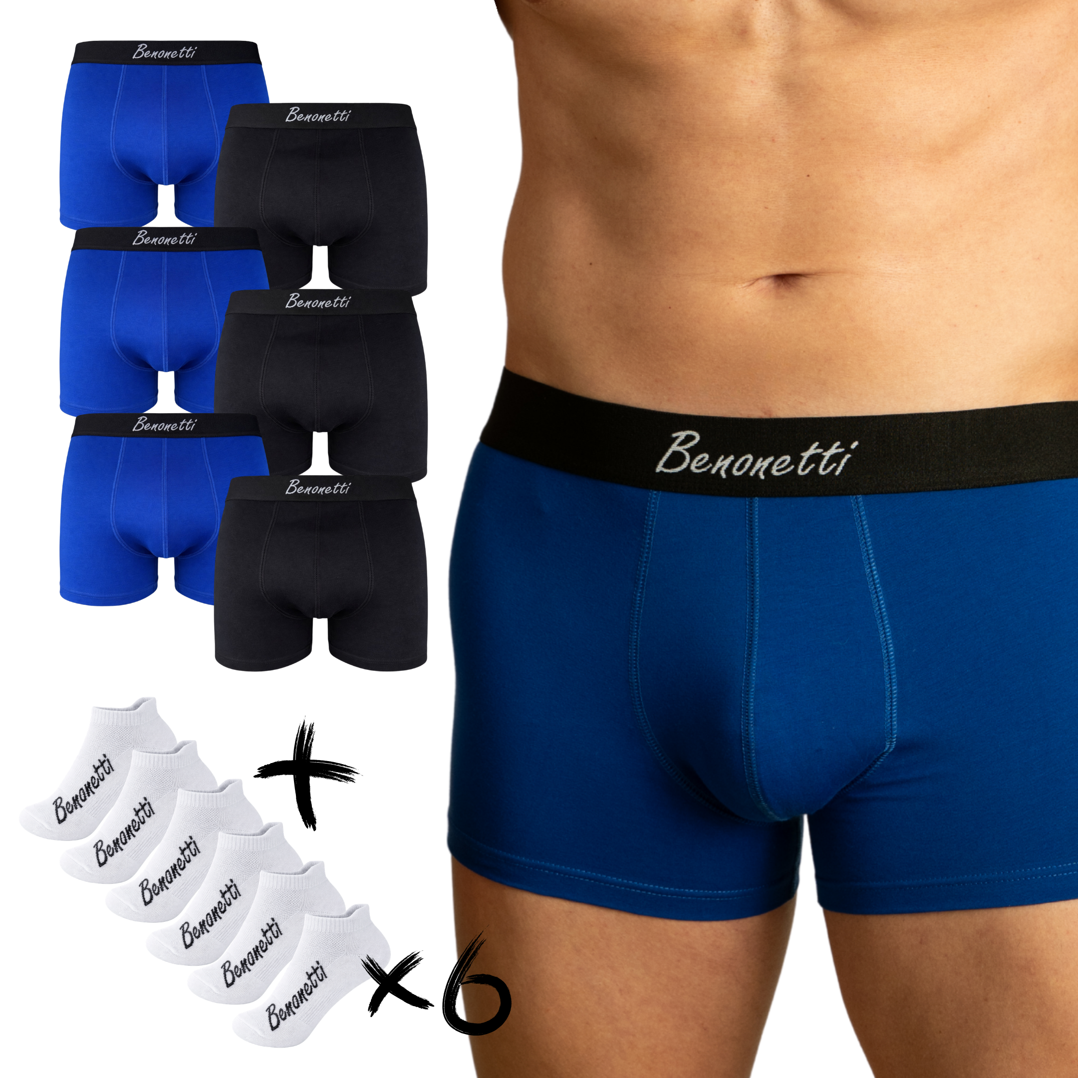 Benonetti Bundle Herren Boxershorts, Schwarz, Blau - Sneaker Socken - 6er Pack