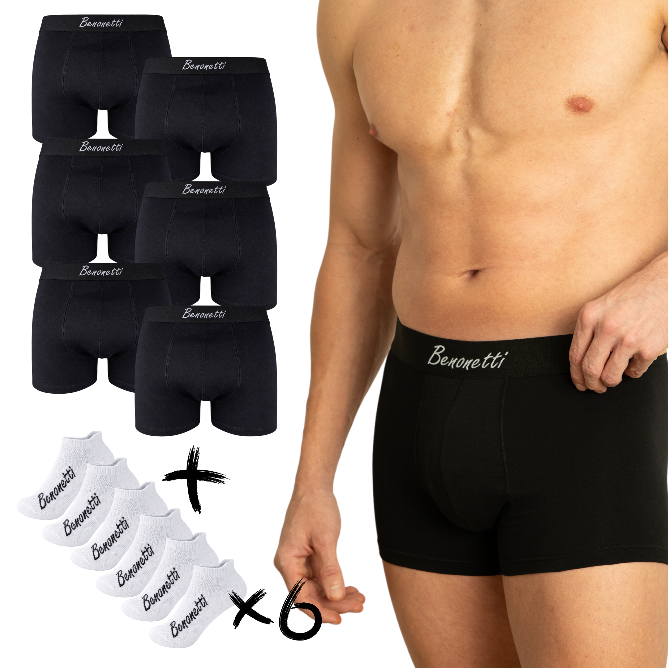 Benonetti Bundle Herren Boxershorts, Schwarz - Sneaker Socken - 6er Pack