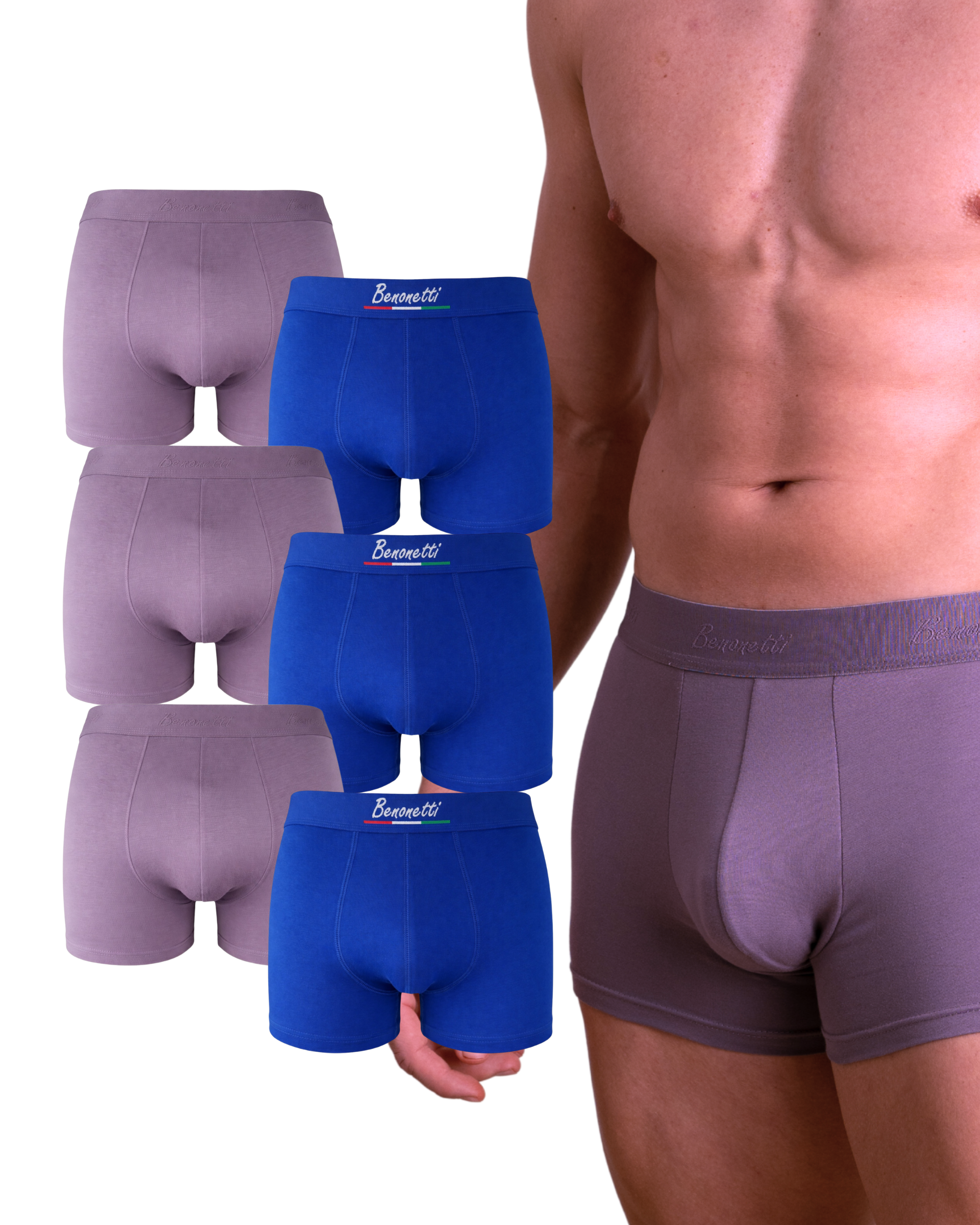 Benonetti Herren Boxershorts, Azurblau, Lila - 6er & 12 Pack