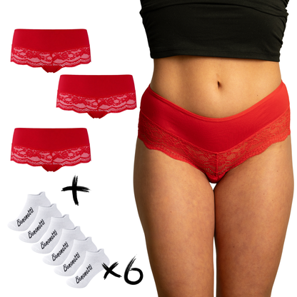 Benonetti Bundle Damen Hipster mit Spitzen Rot - Sneaker Socken – 3 & 6er Pack