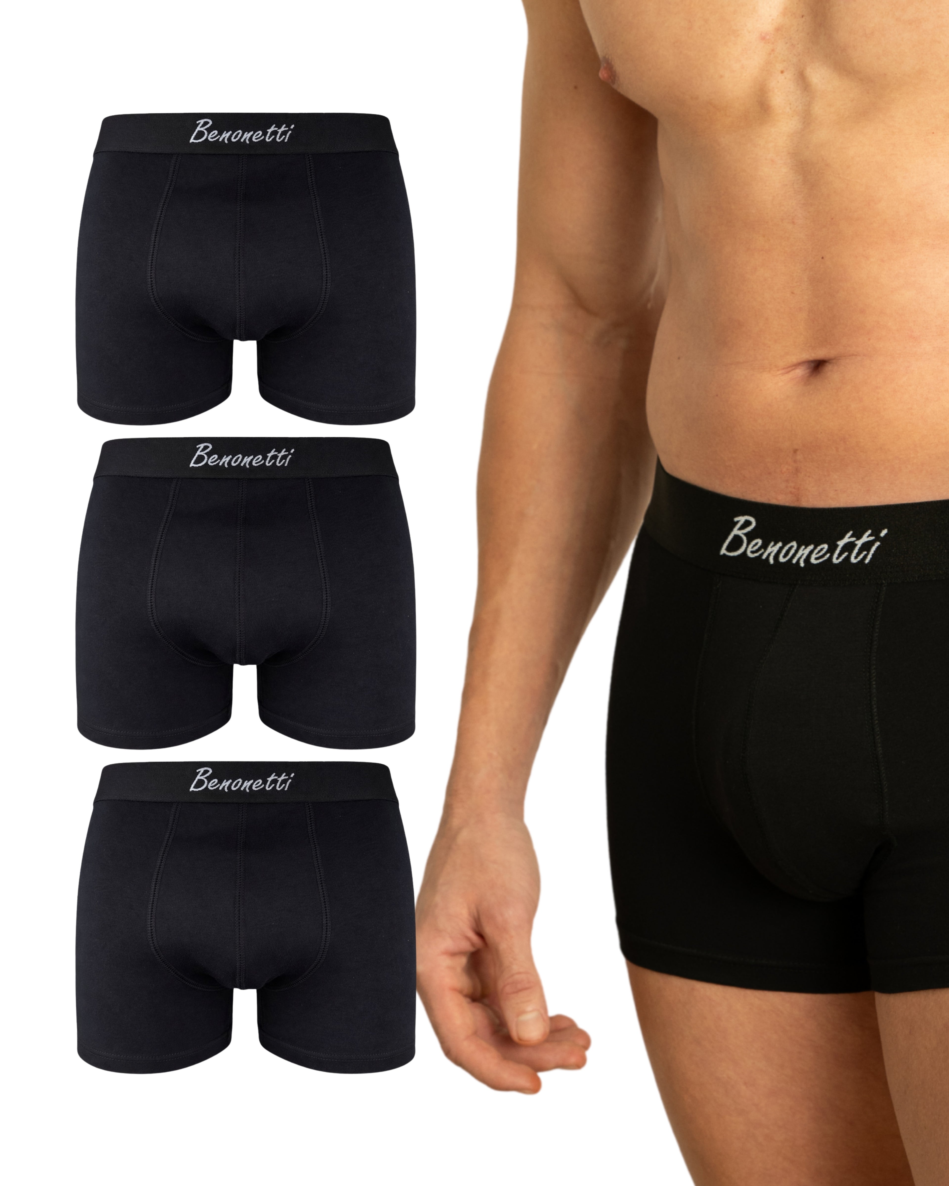 Benonetti Herren Boxershorts, Schwarz - 3er & 6er Pack
