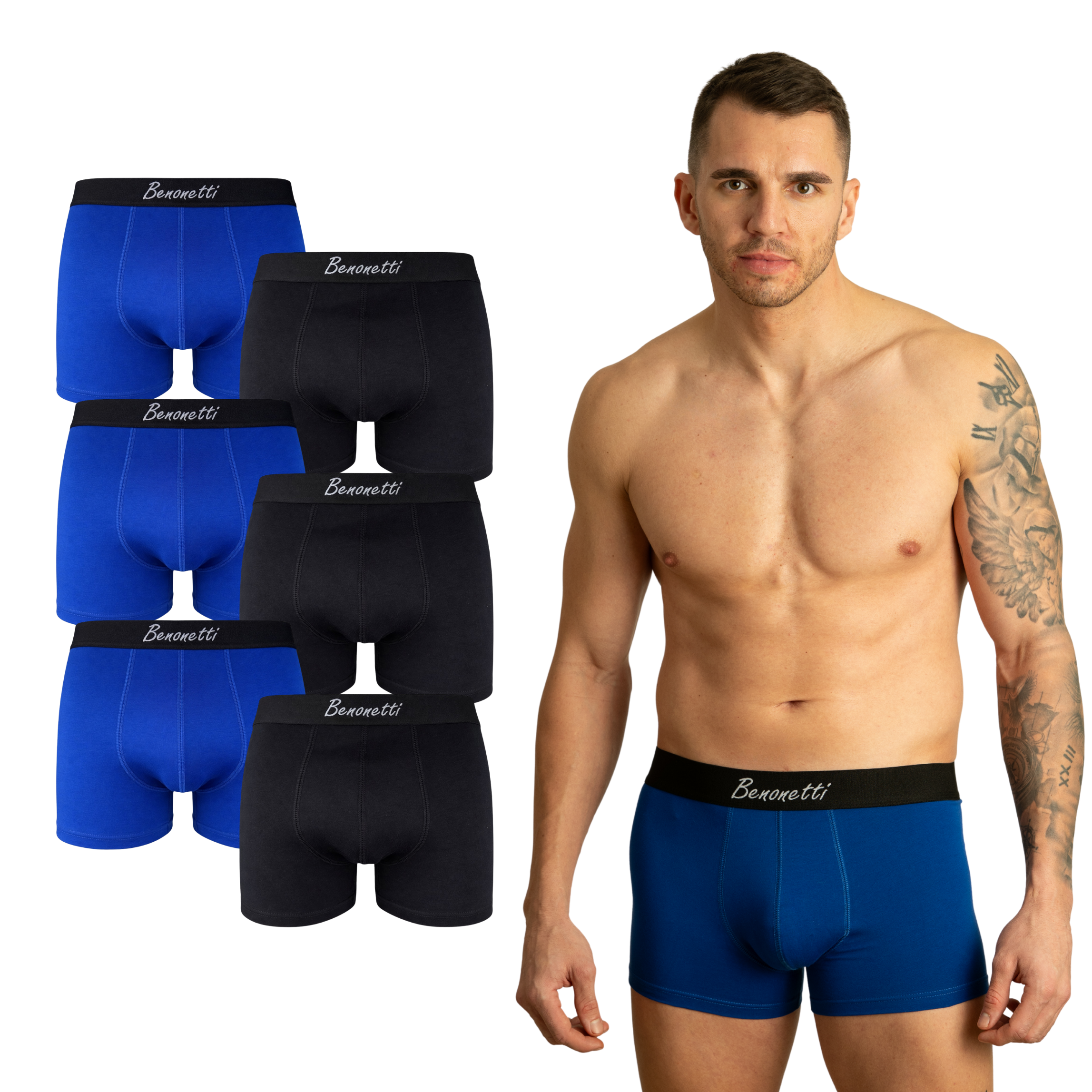 Benonetti Herren Boxershort - Blau & Schwarz - 6er Pack