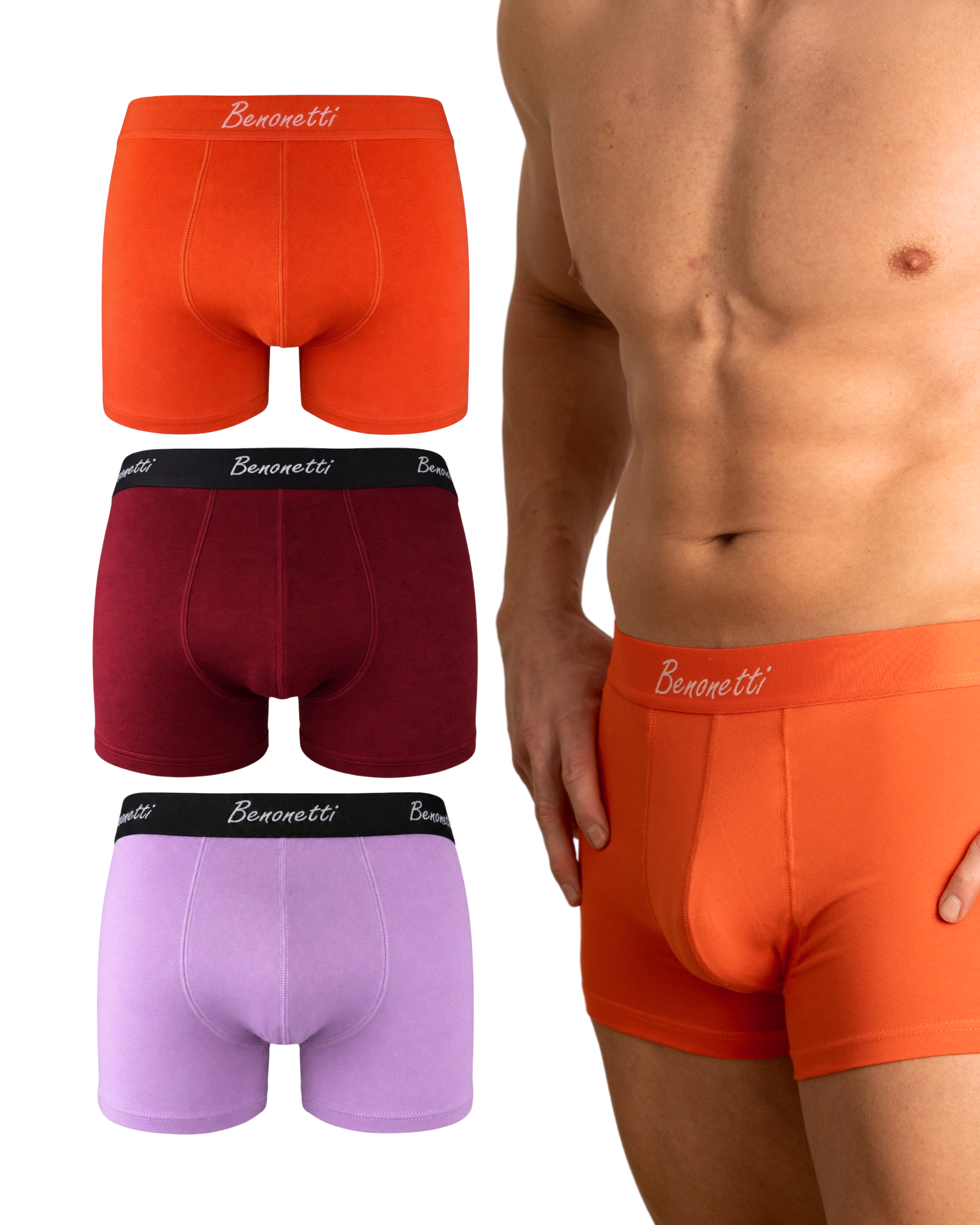Benonetti Herren Boxershorts, Orange, Weinrot, Flieder - 3er, 6er & 12er Pack