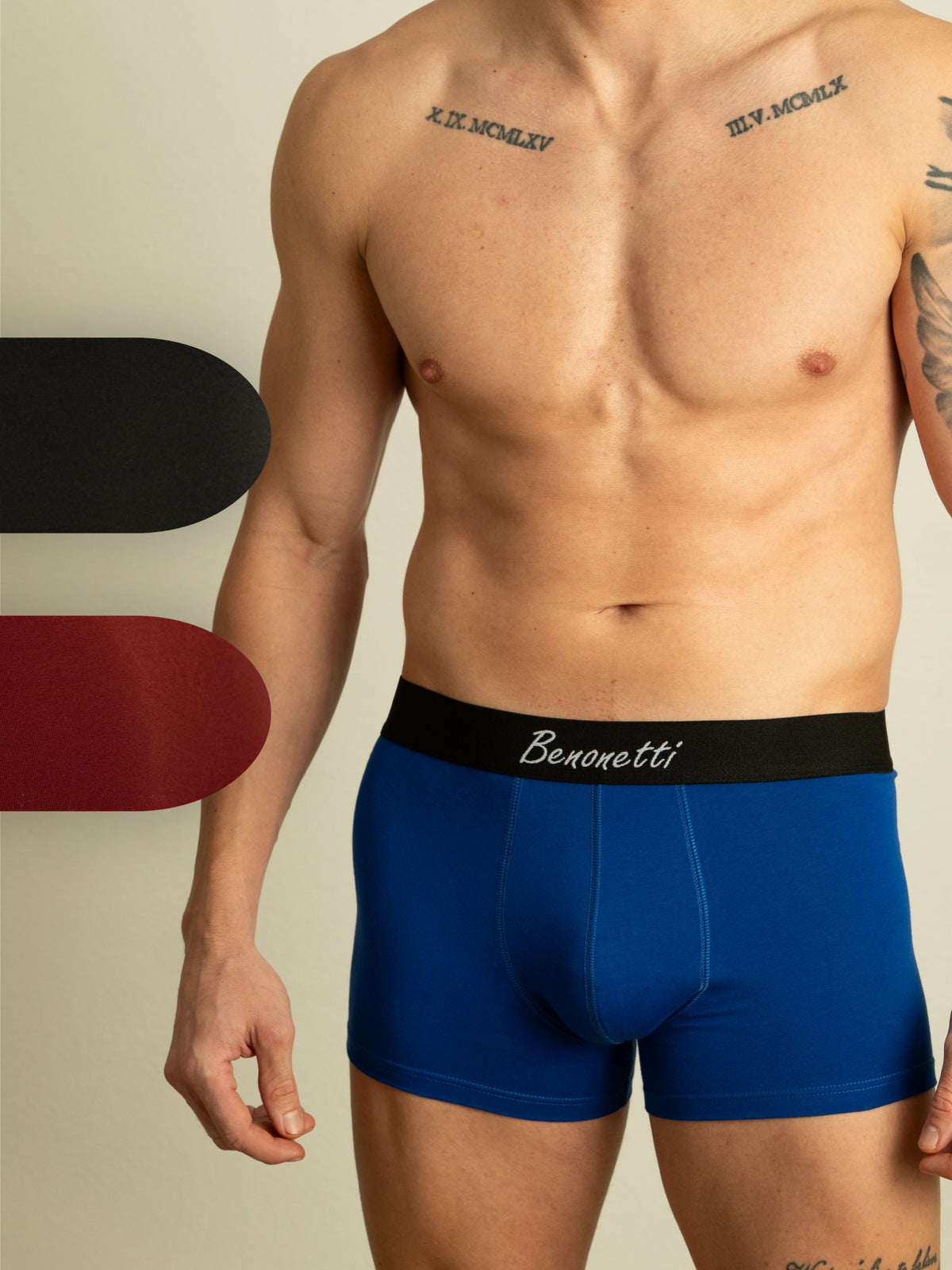 Benonetti Herren  Boxershorts - Weinrot, Blau & Schwarz - 6er Pack