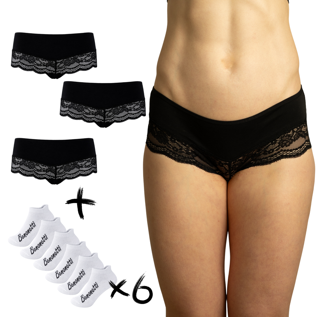Benonetti Bundle Damen Hipster mit Spitzen Schwarz - Sneaker Socken – 3 & 6er Pack