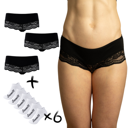 Benonetti Bundle Damen Hipster mit Spitzen Schwarz - Sneaker Socken – 3 & 6er Pack