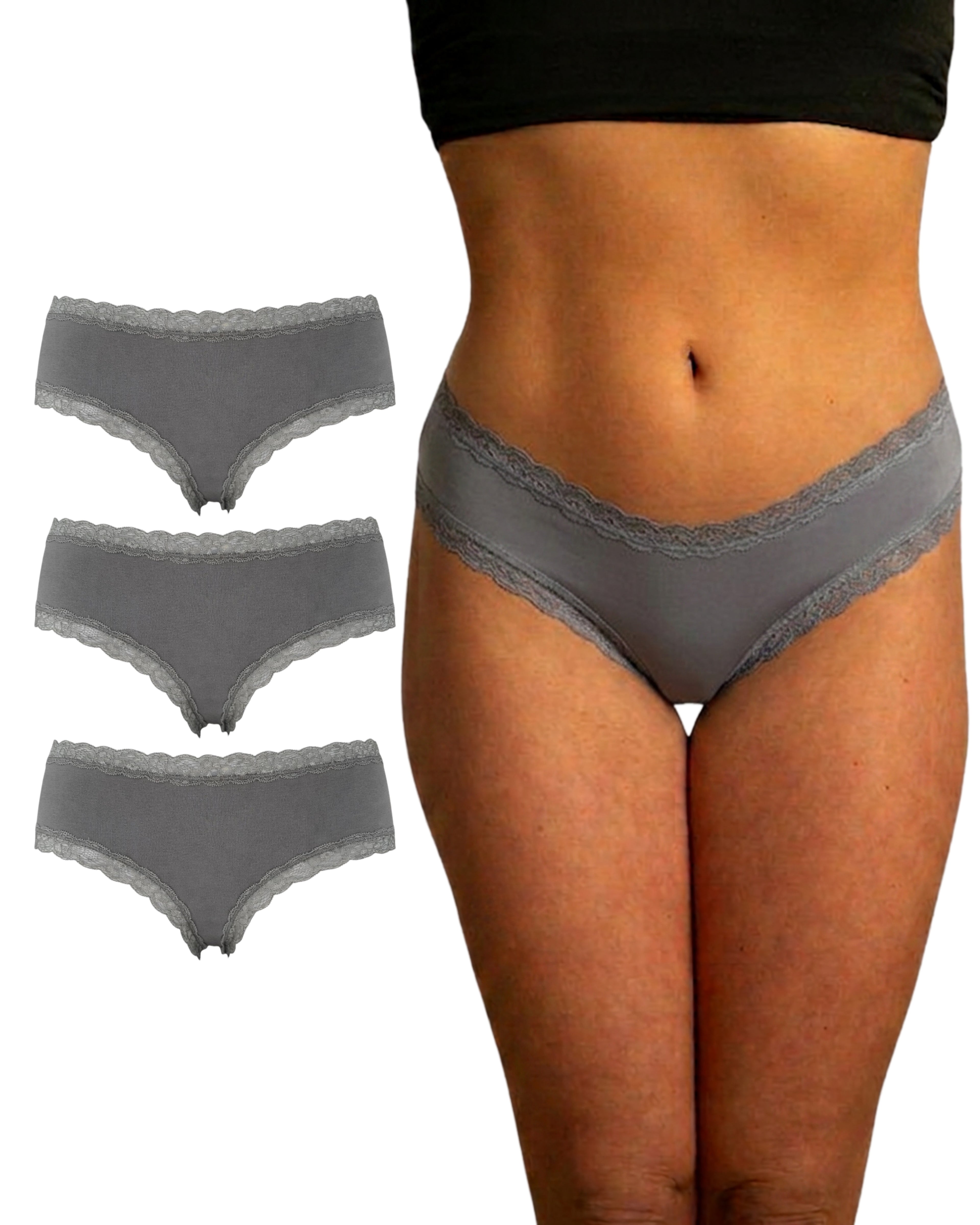 Benonetti Damen Brazilian mit Spitzen - Grau - 3er Pack