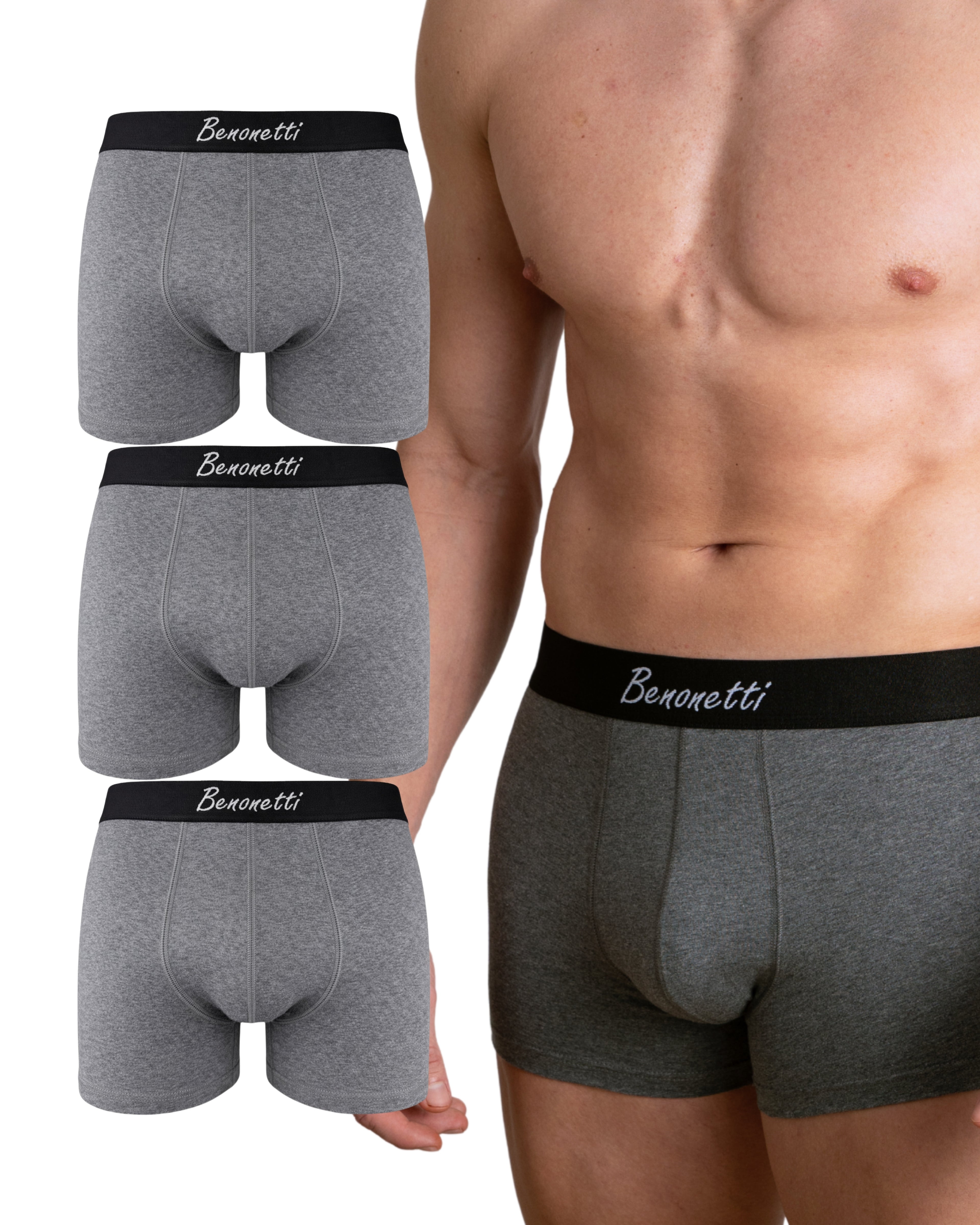 Benonetti Herren Boxershorts, Grau - 3er & 6er Pack