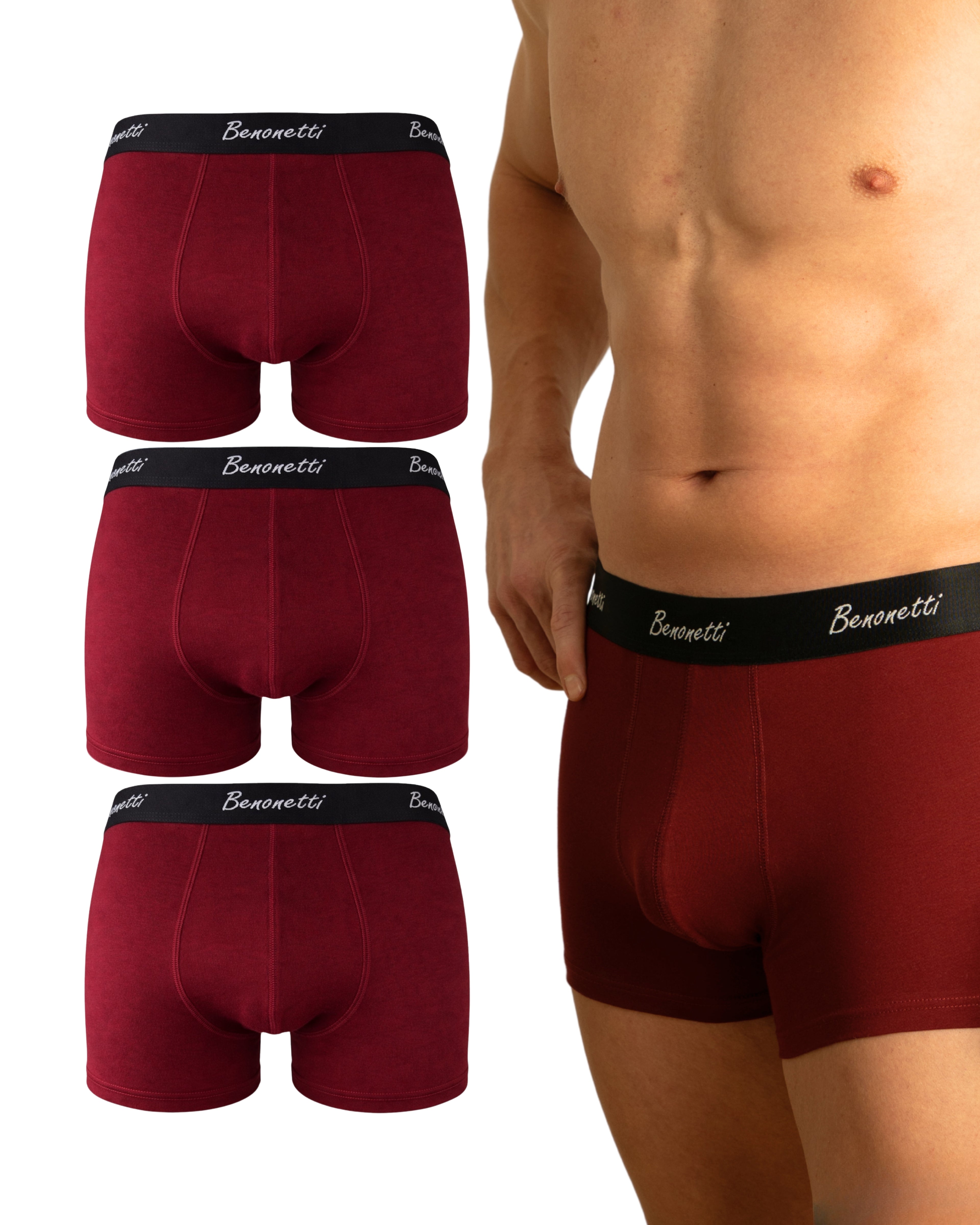Benonetti Herren Boxershorts, Weinrot - 3er & 6er Pack