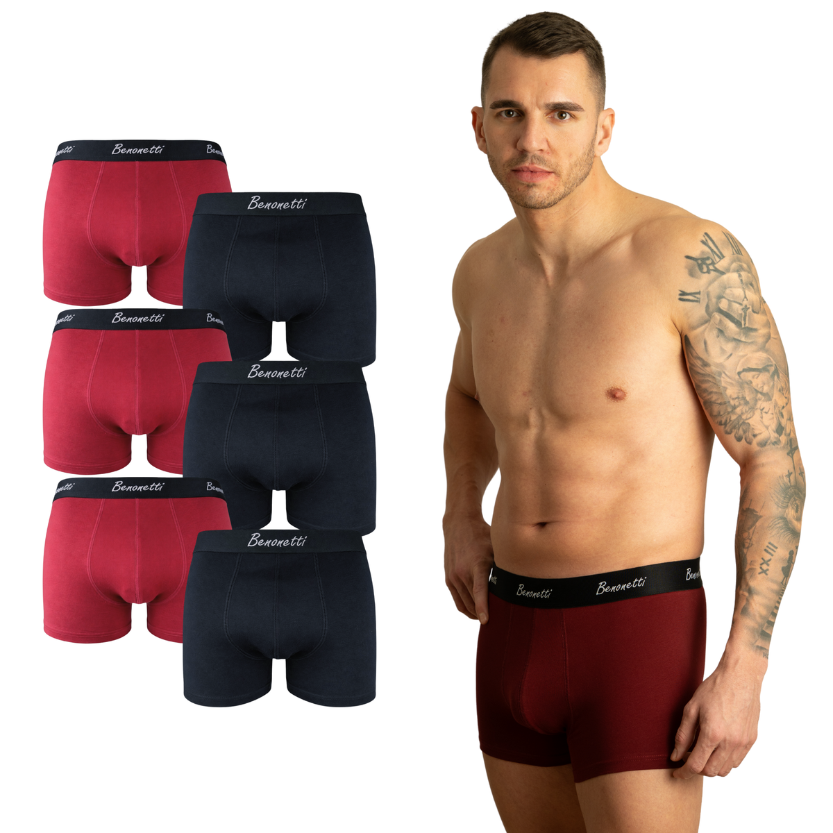 Benonetti - Boxershorts - Weinrot,Schwarz - 6er Pack