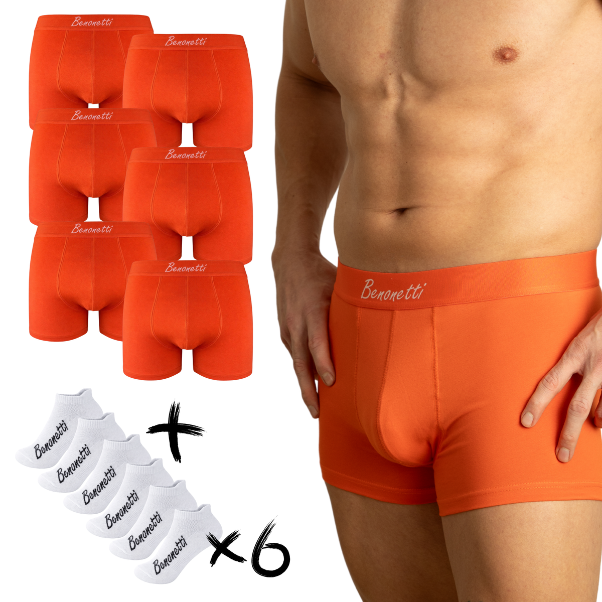 Benonetti Bundel Herren Boxershorts, Orange - Sneaker Socken - 6er Pack