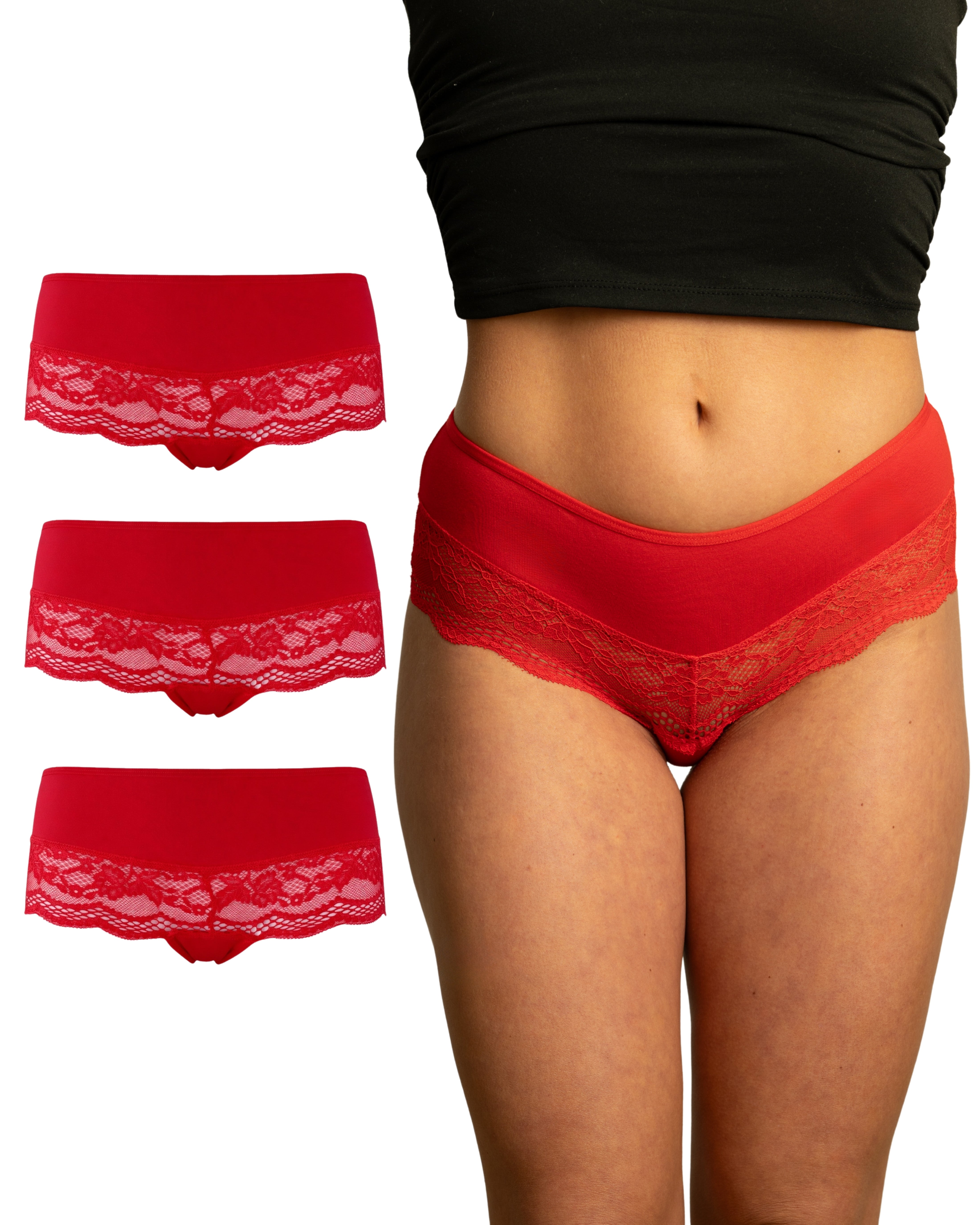 Benonetti Damen Hipster mit Spitzen - Rot – 3er Pack
