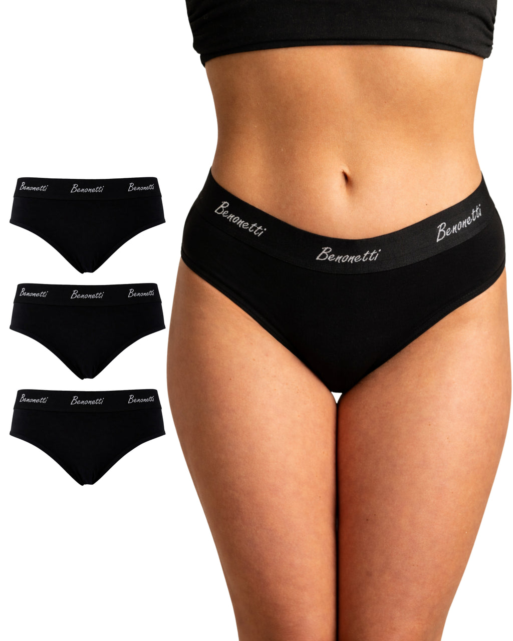 Benonetti Damen Slip mit elastischem Bund – Schwarz – 3er Pack