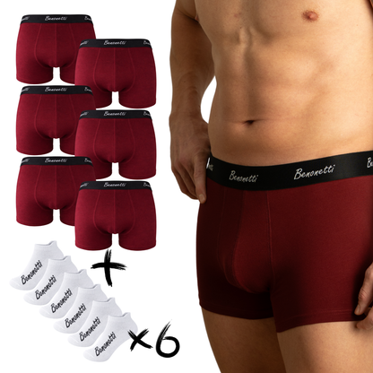 Benonetti Bundle Herren Boxershorts, Weinrot - Sneaker Socken - 6er Pack