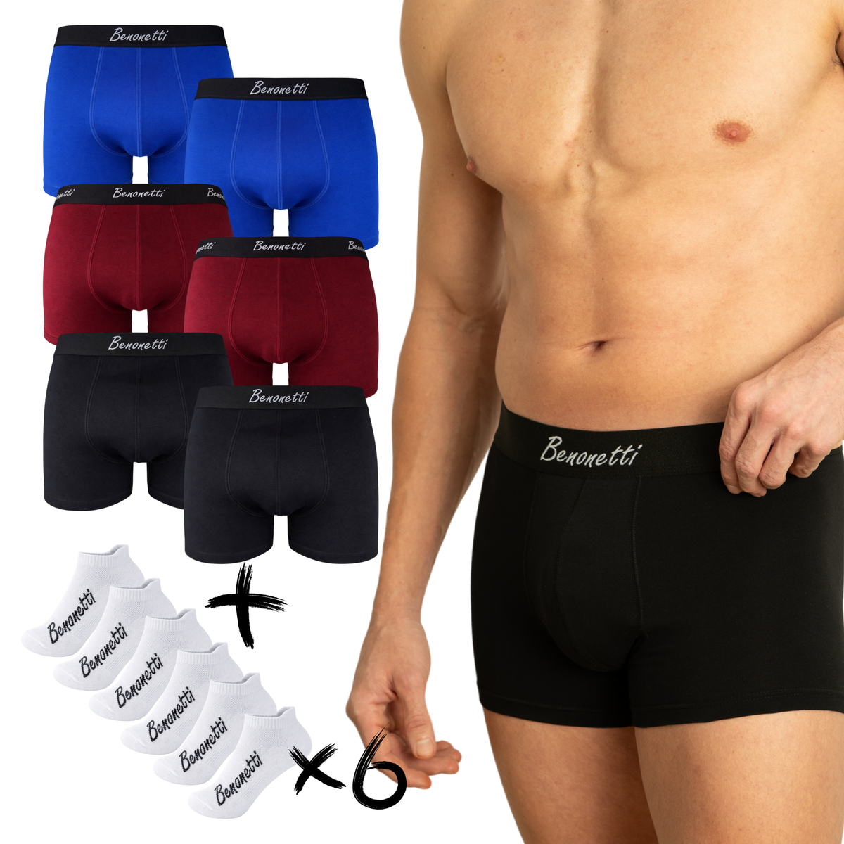 Benonetti Bundle Herren Boxershorts, Schwarz, Weinrot, Blau - Sneaker Socken - 6er Pack