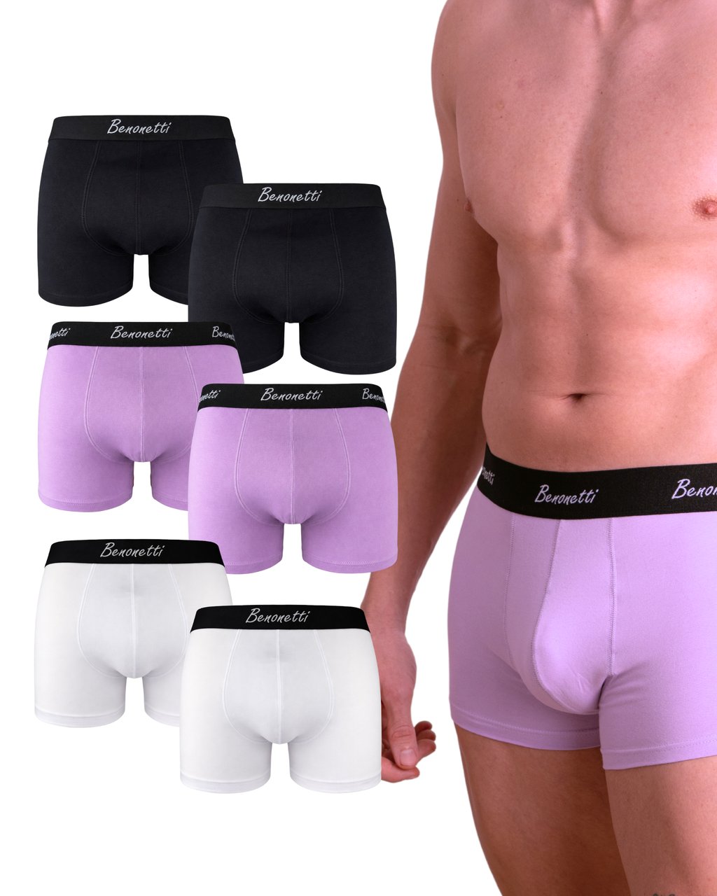 Benonetti Herren Boxershorts, Schwarz, Weiß, Flieder - 3er, 6er & 12er Pack