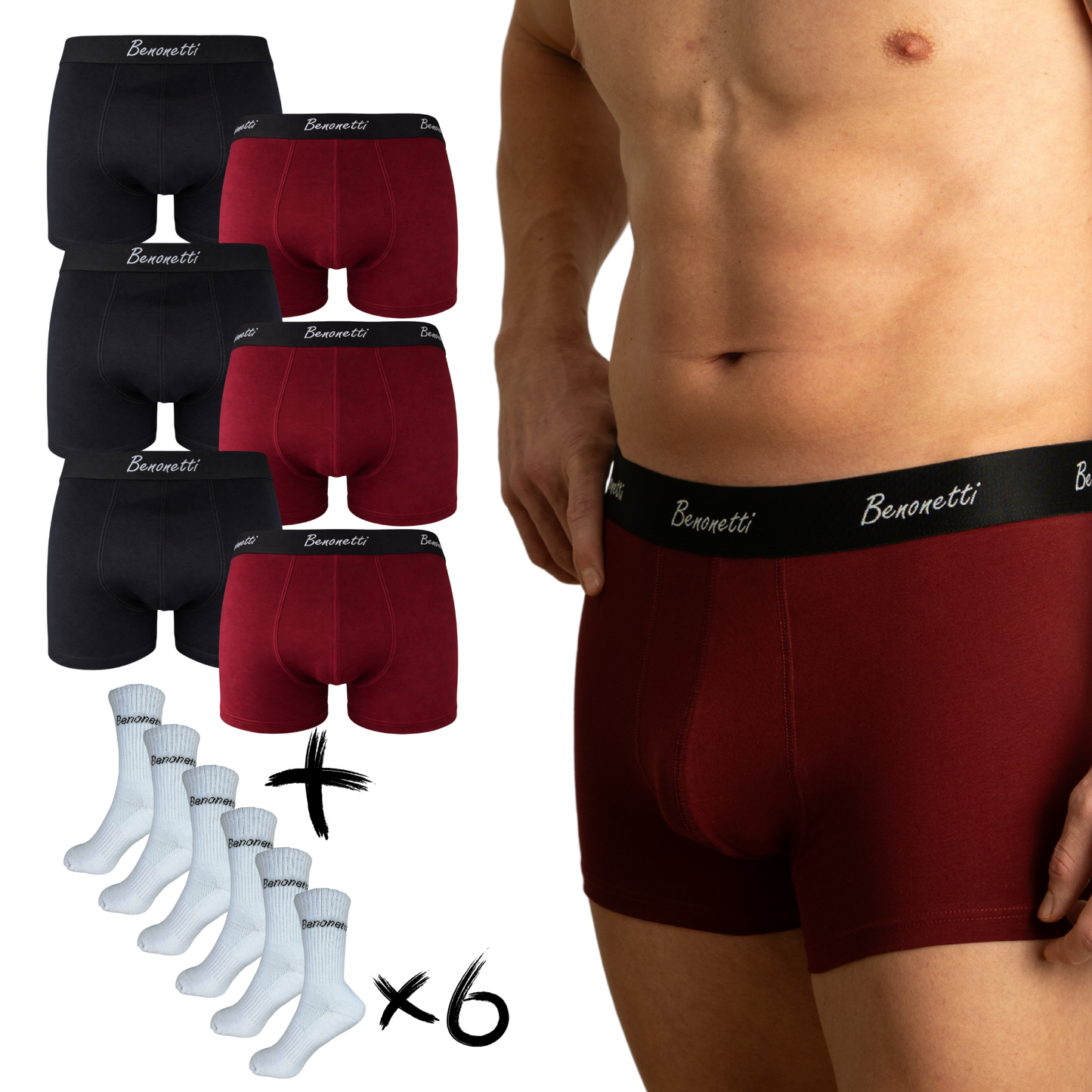 Benonetti Bundle Herren Boxershorts, Weinrot, Schwarz - Tennis Socken - 6er Pack