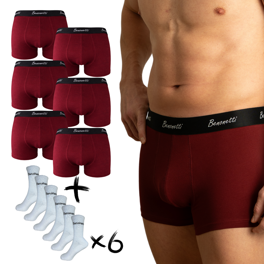 Benonetti Bundle Herren Boxershorts, Weinrot - Tennis Socken - 6er Pack