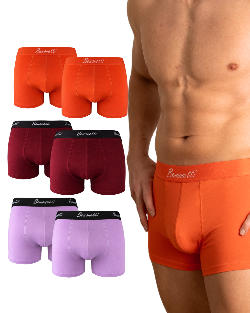 Benonetti Herren Boxershorts, Orange, Weinrot, Flieder - 3er, 6er & 12er Pack
