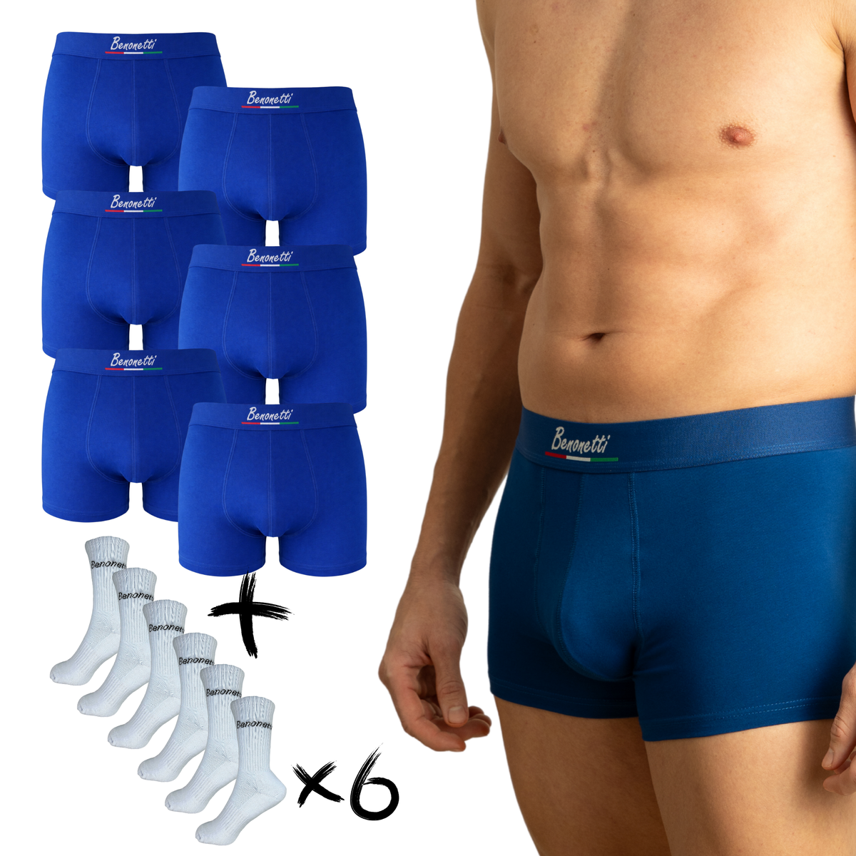 Benonetti Bundle Herren Boxershorts, Azurblau - Tennis Socken - 6er Pack