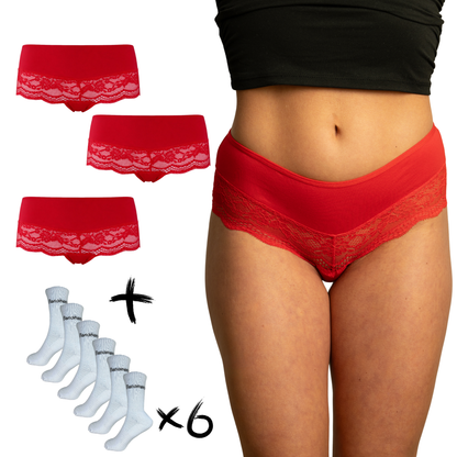 Benonetti Damen Hipster mit Spitzen - Tennis Socken - Rot – 3 & 6er Pack