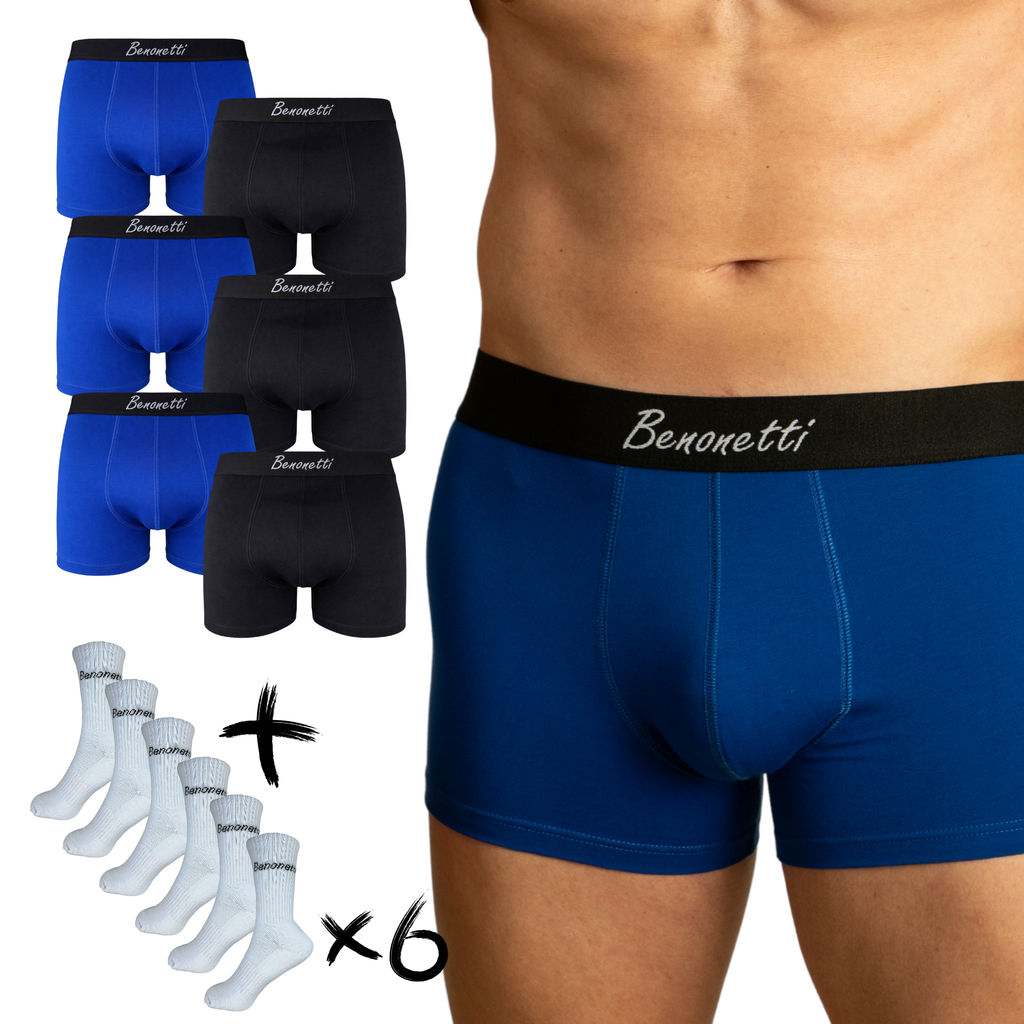 Benonetti Bundle Herren Boxershorts, Schwarz, Blau - Tennis Socken - 6er Pack
