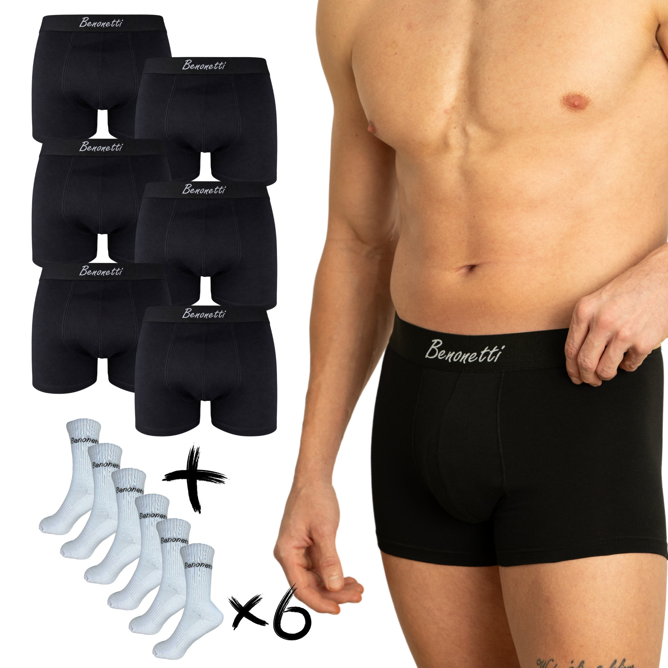 Benonetti Bundle Herren Boxershorts, Schwarz - Tennis Socken - 6er Pack