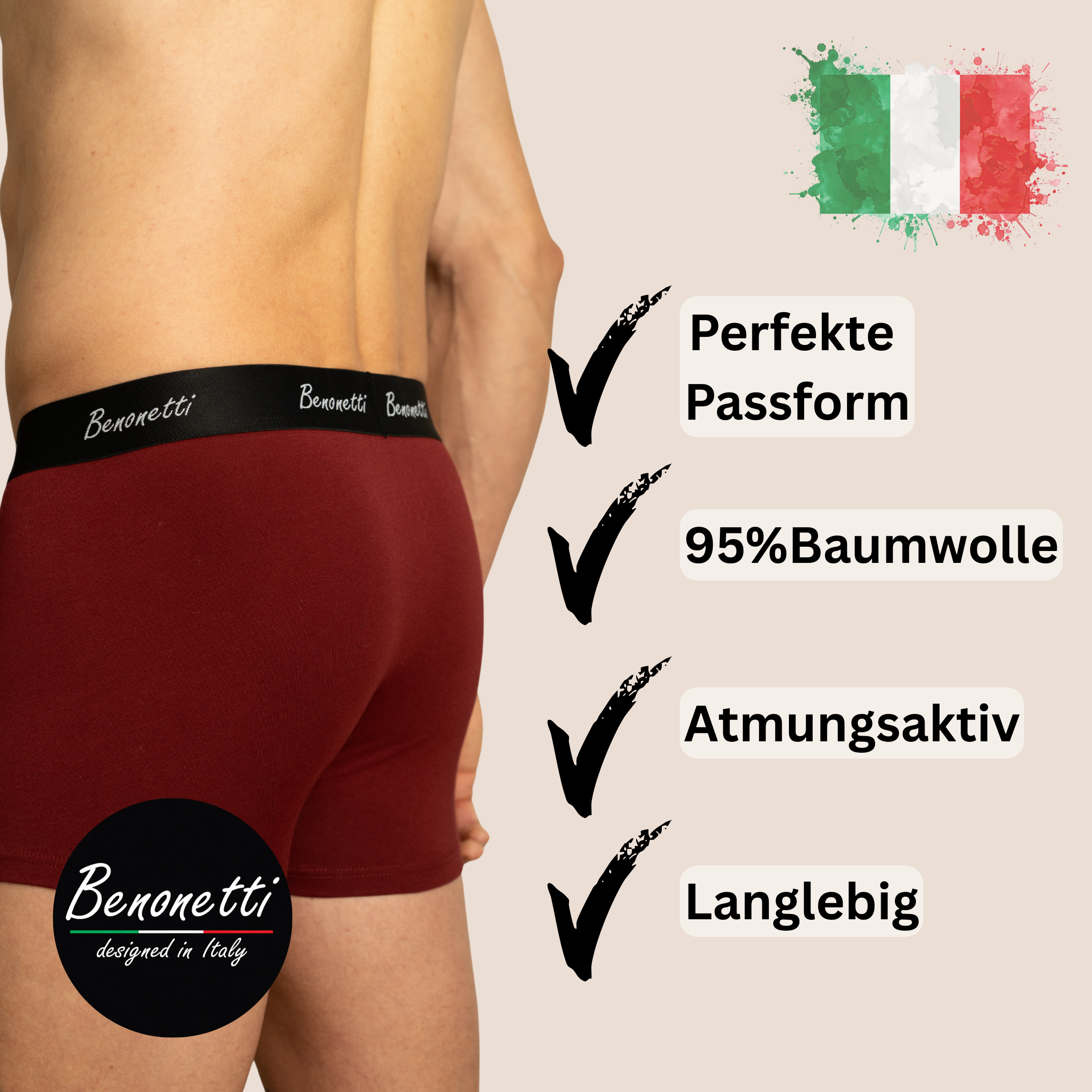 Benonetti Herren Boxershorts - Weinrot & Schwarz - 6er Pack