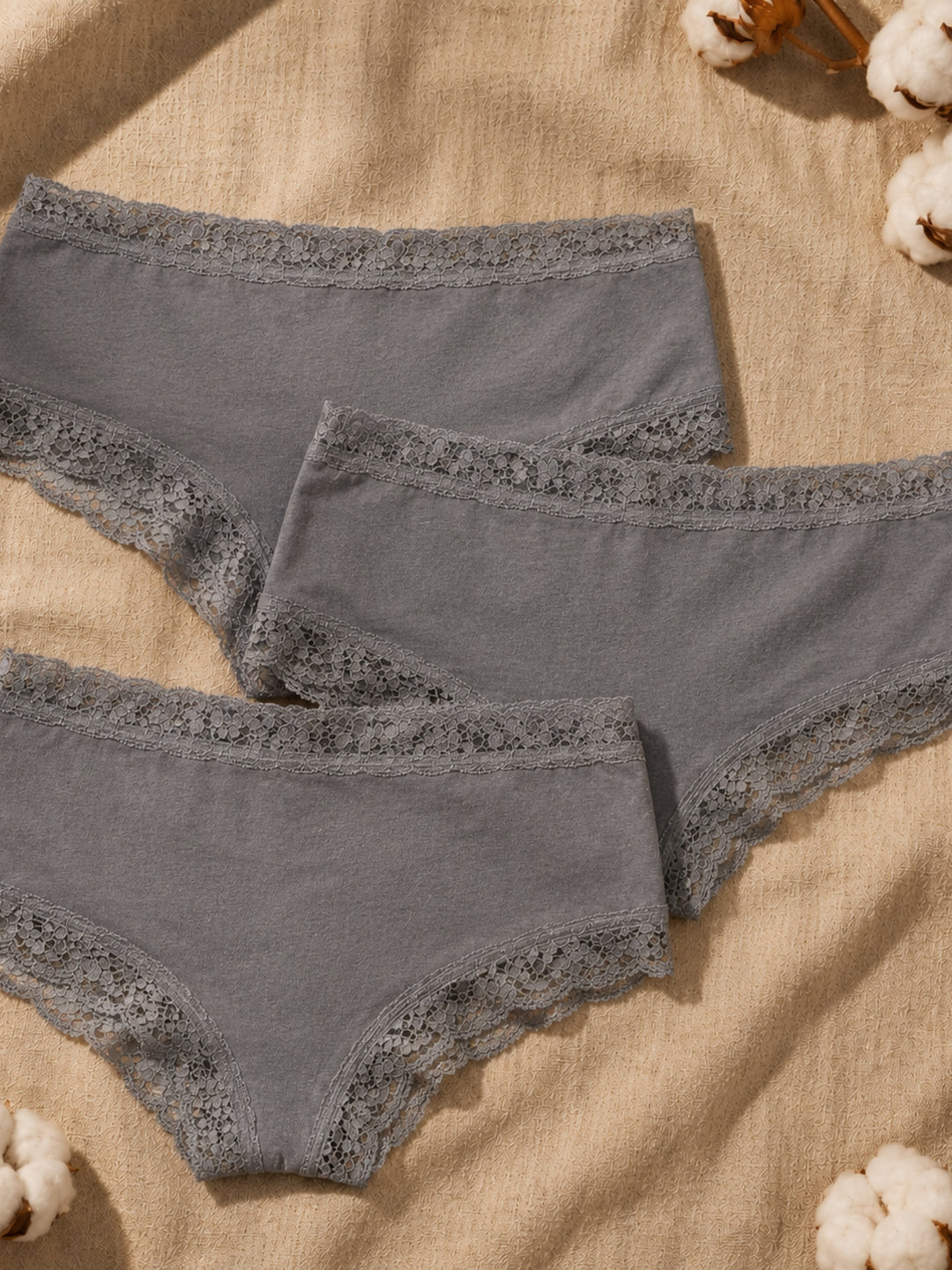 Benonetti Damen Brazilian mit Spitzen - Grau - 3er Pack