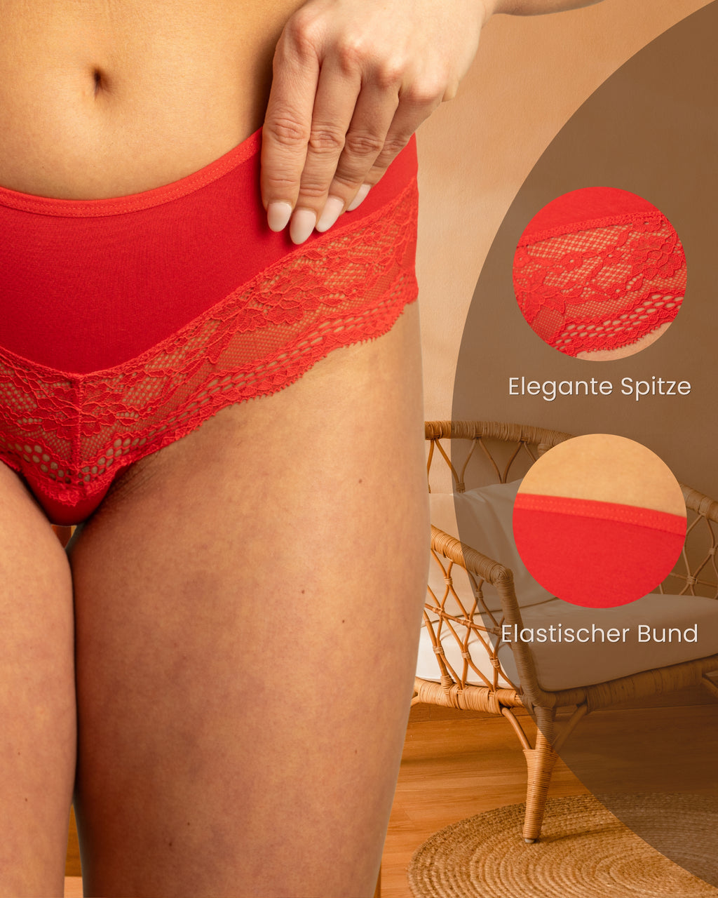 Benonetti Damen Hipster mit Spitzen - Rot – 3er Pack