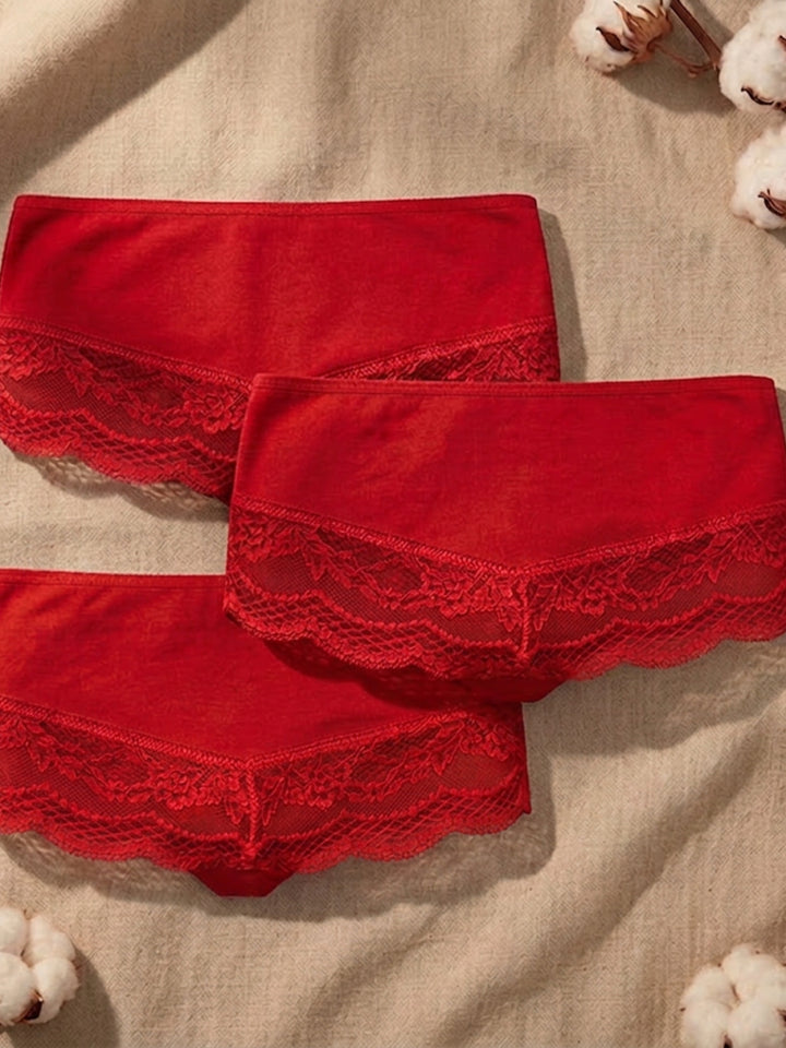 Benonetti Damen Hipster mit Spitzen - Rot – 3er Pack