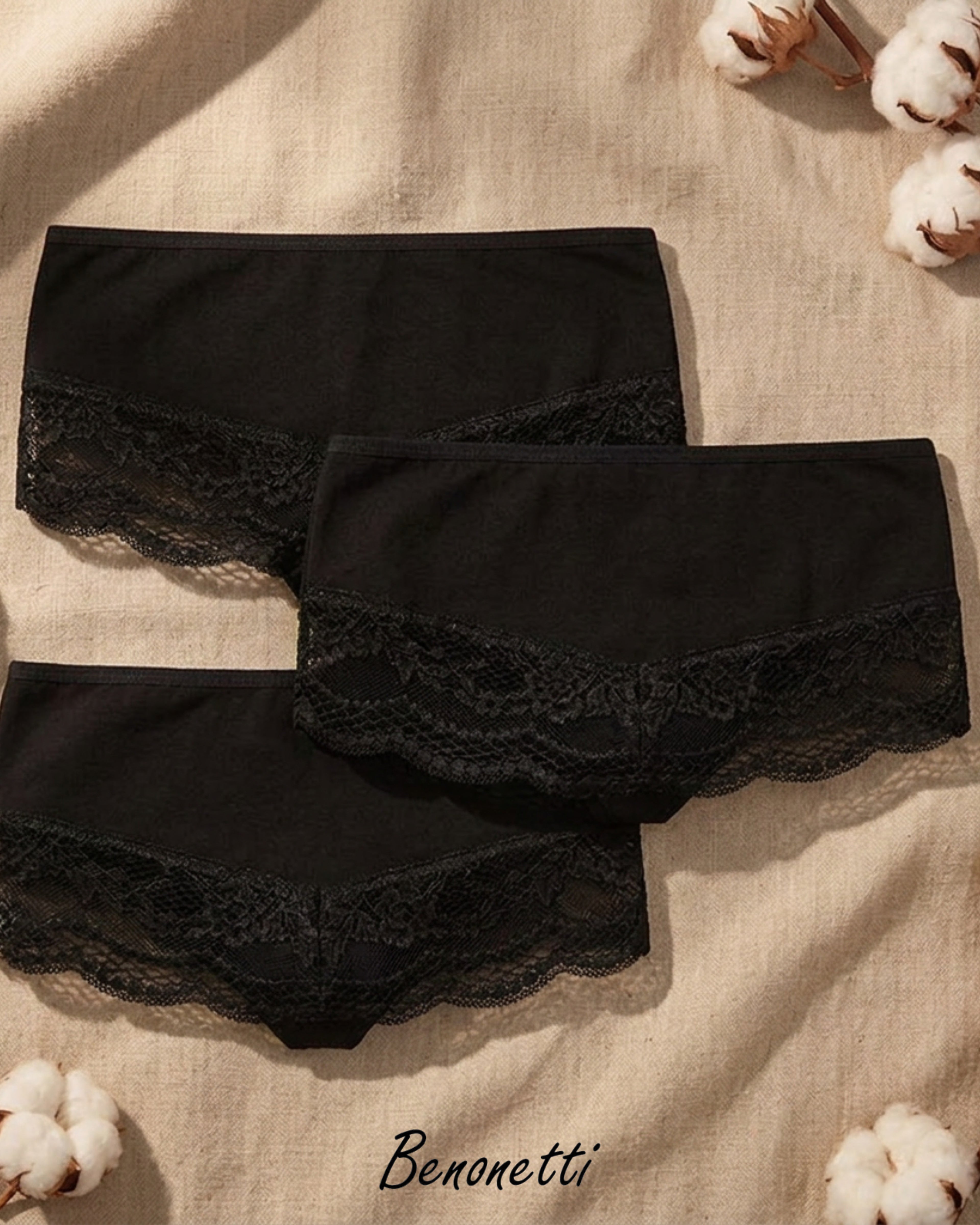 Benonetti Damen Hipster mit Spitzen - Schwarz – 3er Pack