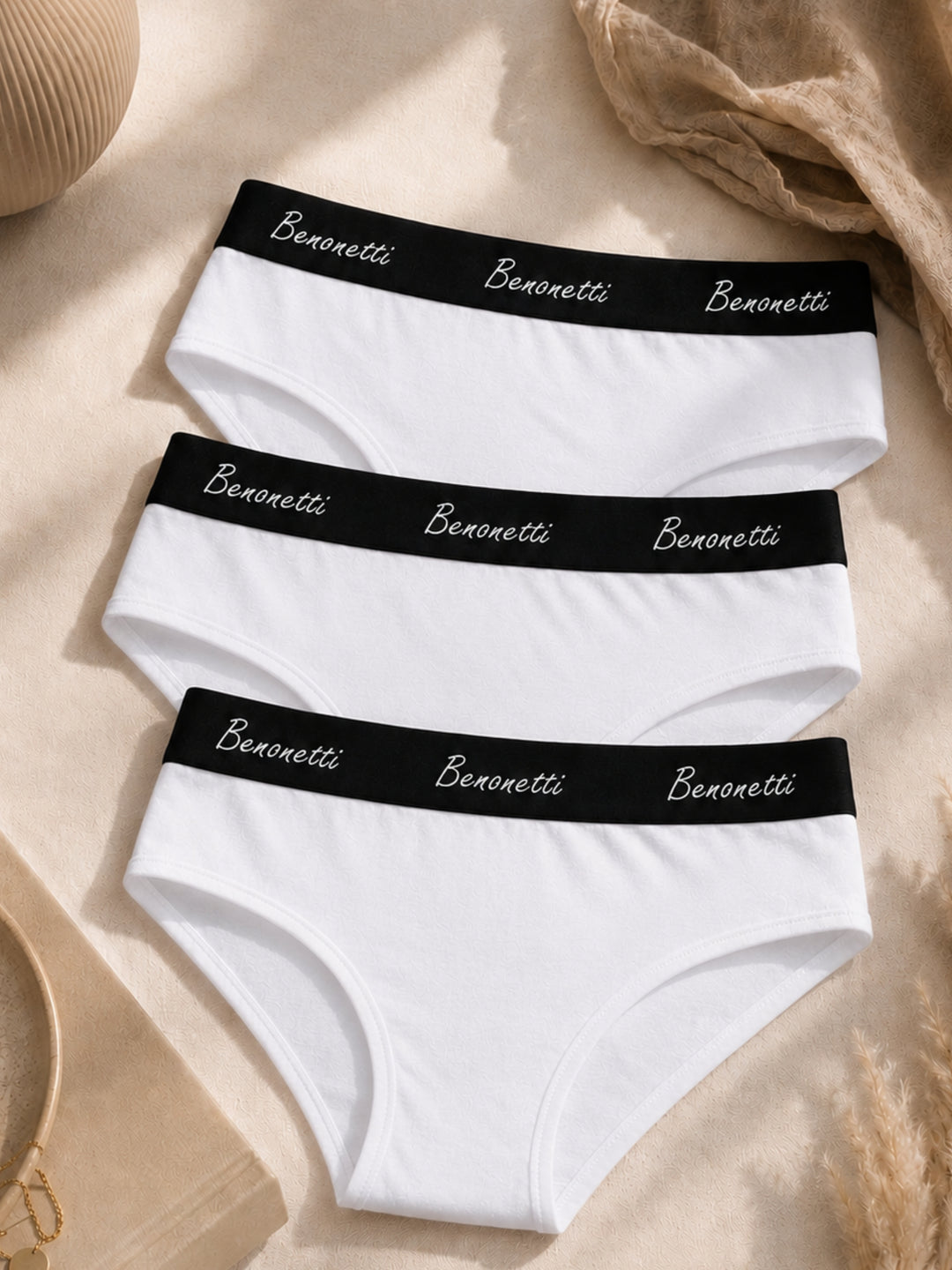 Benonetti Damen Slip mit elastischem Bund – Weiß – 3er Pack
