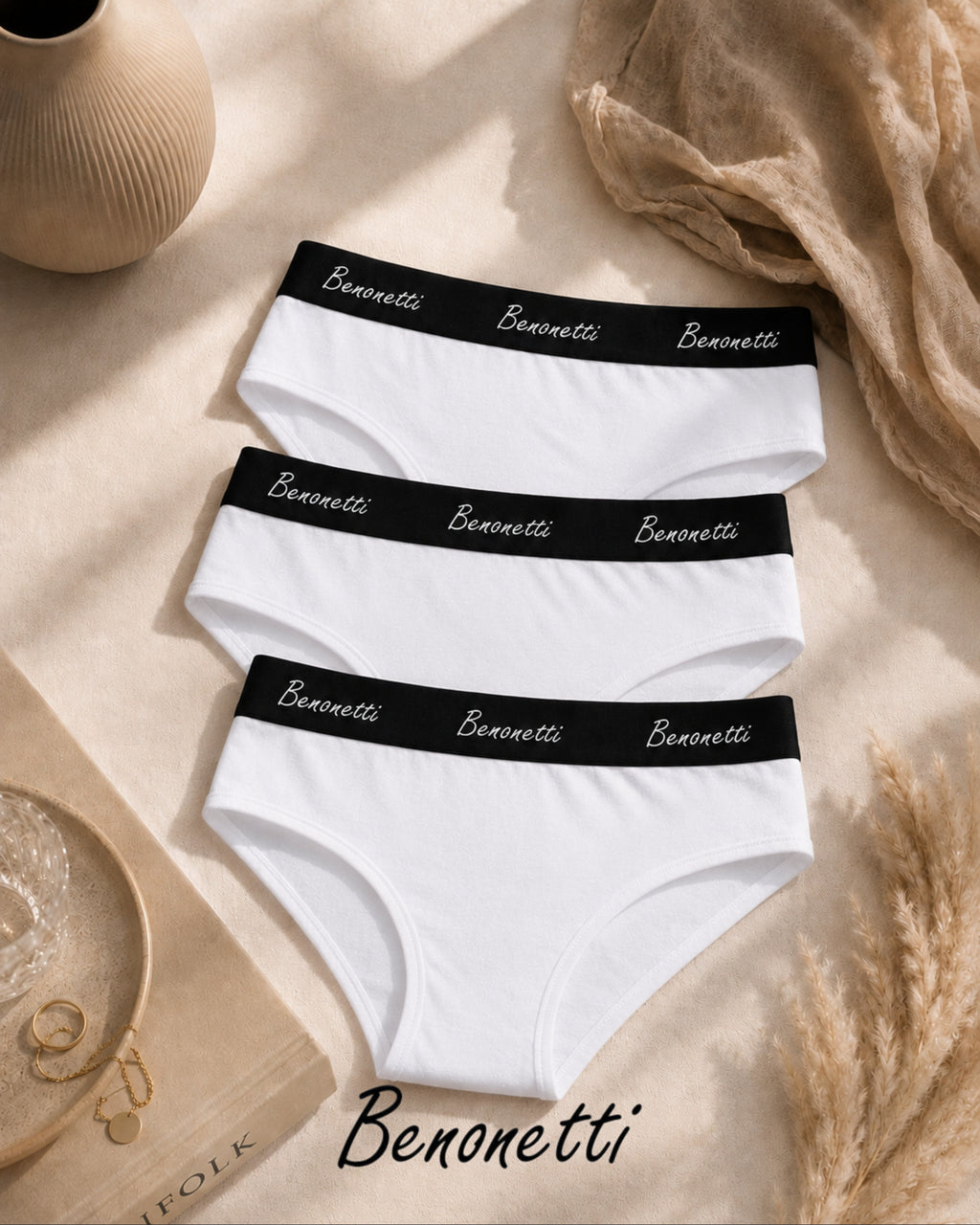 Benonetti Damen Slip mit elastischem Bund – Weiß – 3er Pack