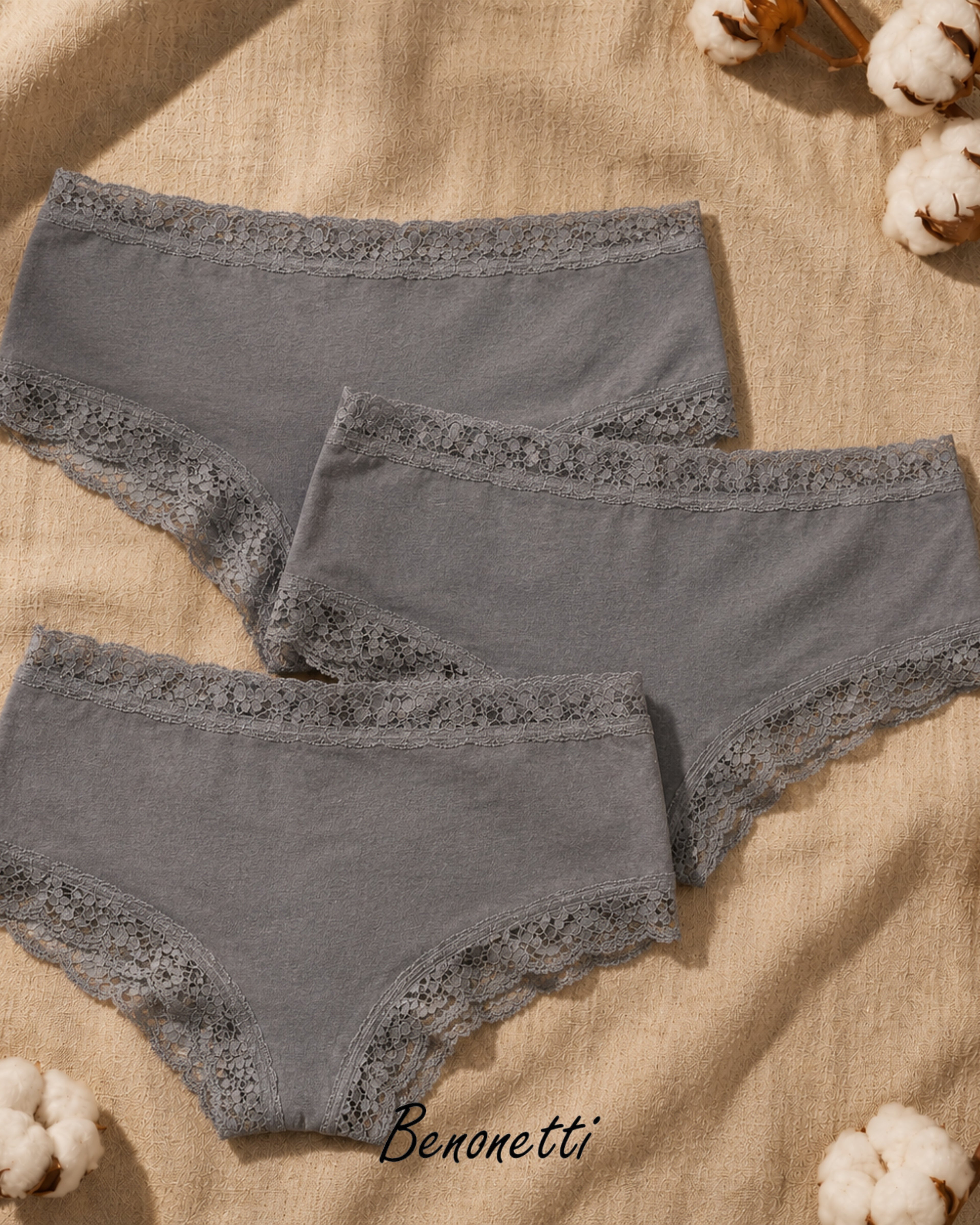 Benonetti Damen Brazilian mit Spitzen - Grau - 3er Pack