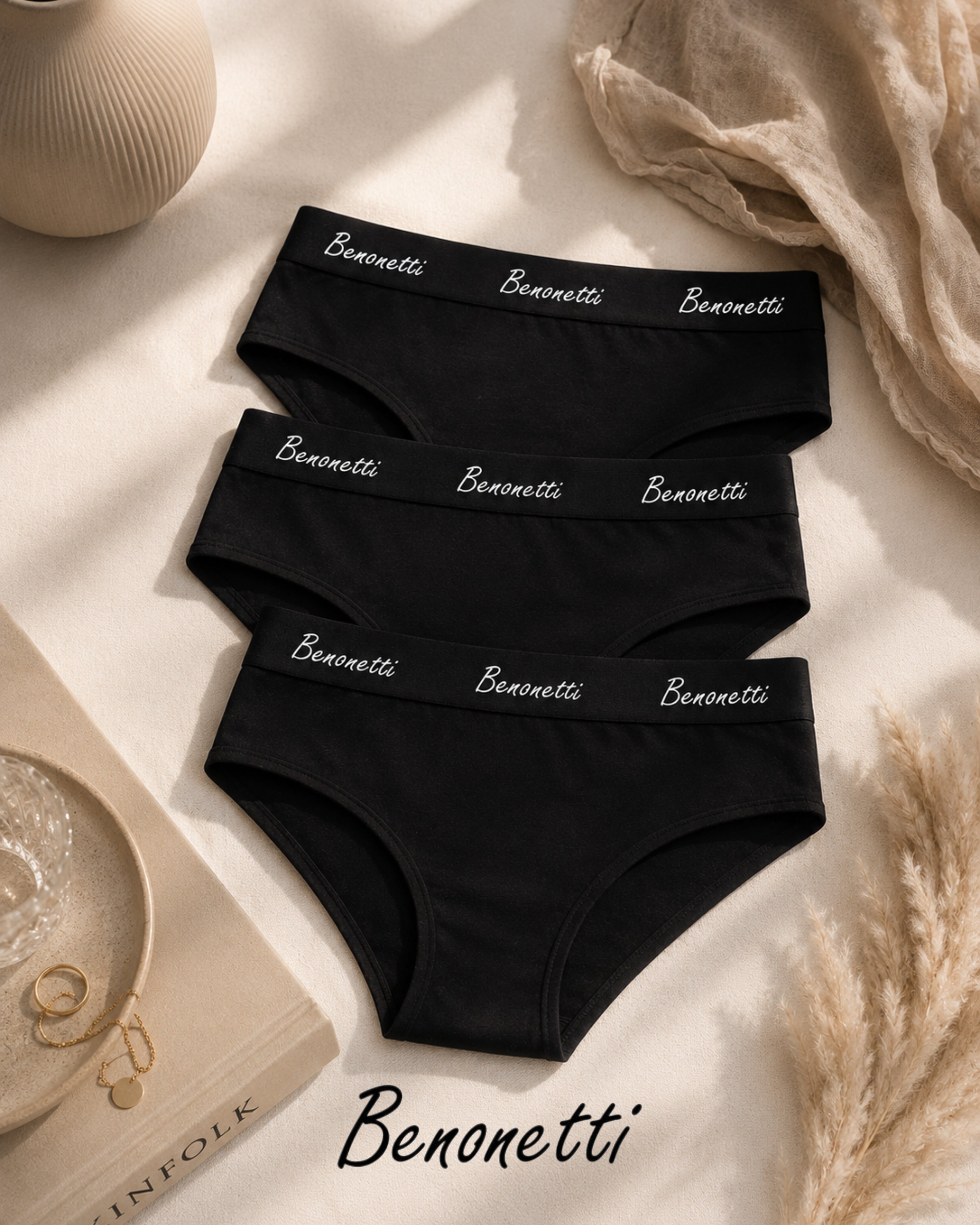 Benonetti Damen Slip mit elastischem Bund – Schwarz – 3er Pack