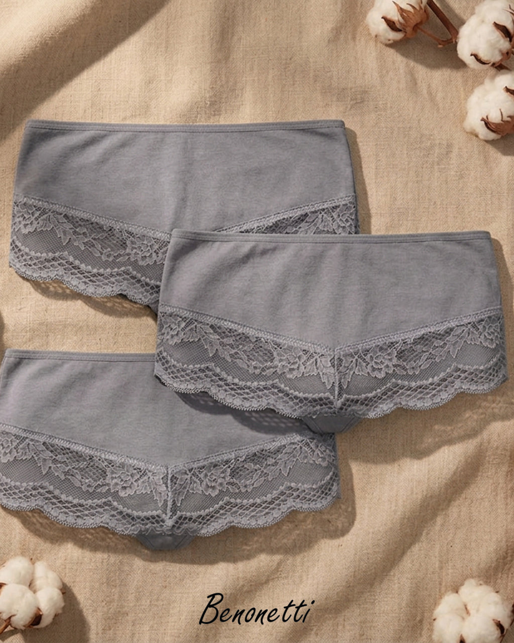 Benonetti Damen Hipster mit Spitzen - Grau – 3er Pack