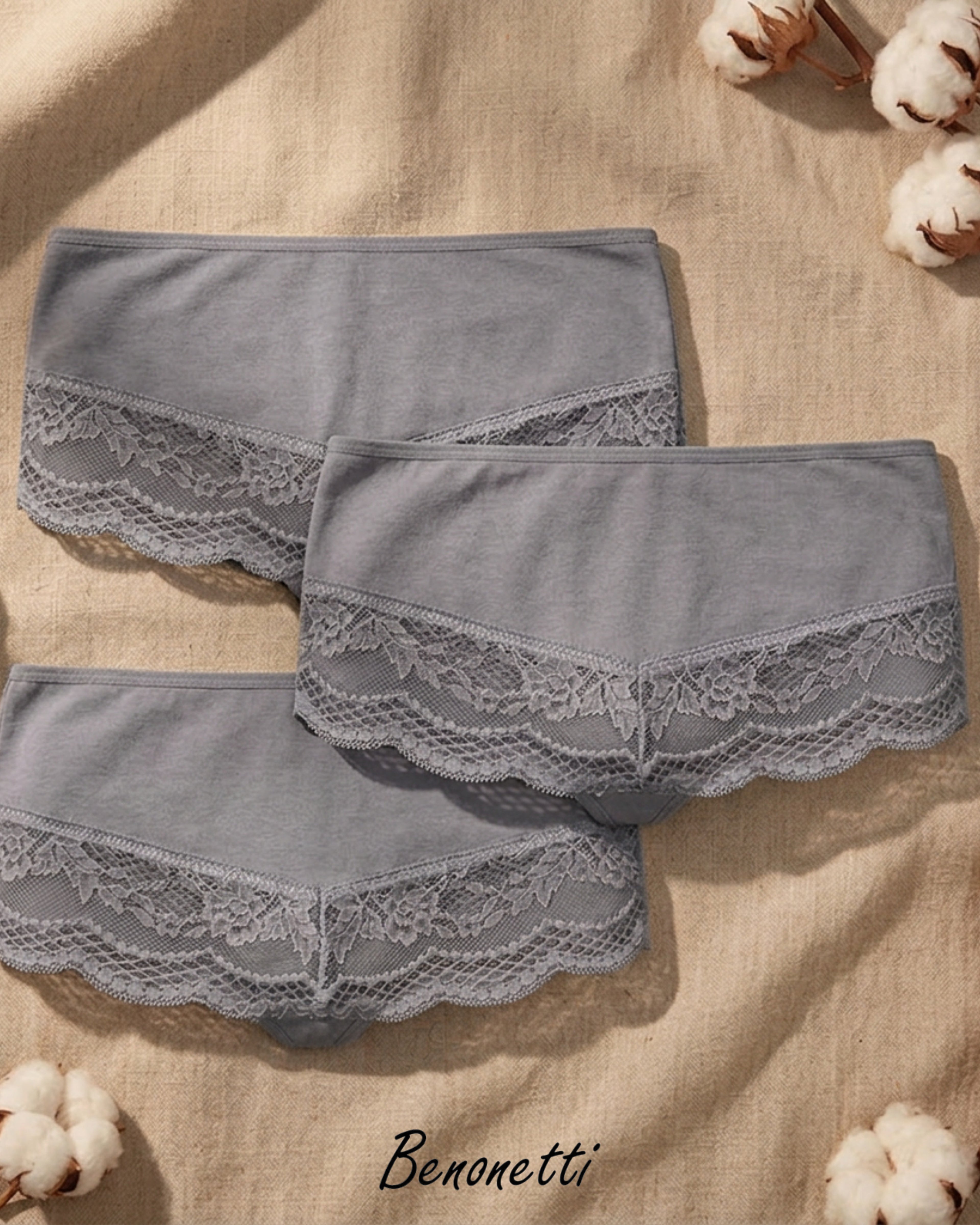 Benonetti Damen Hipster mit Spitzen - Grau – 3er Pack