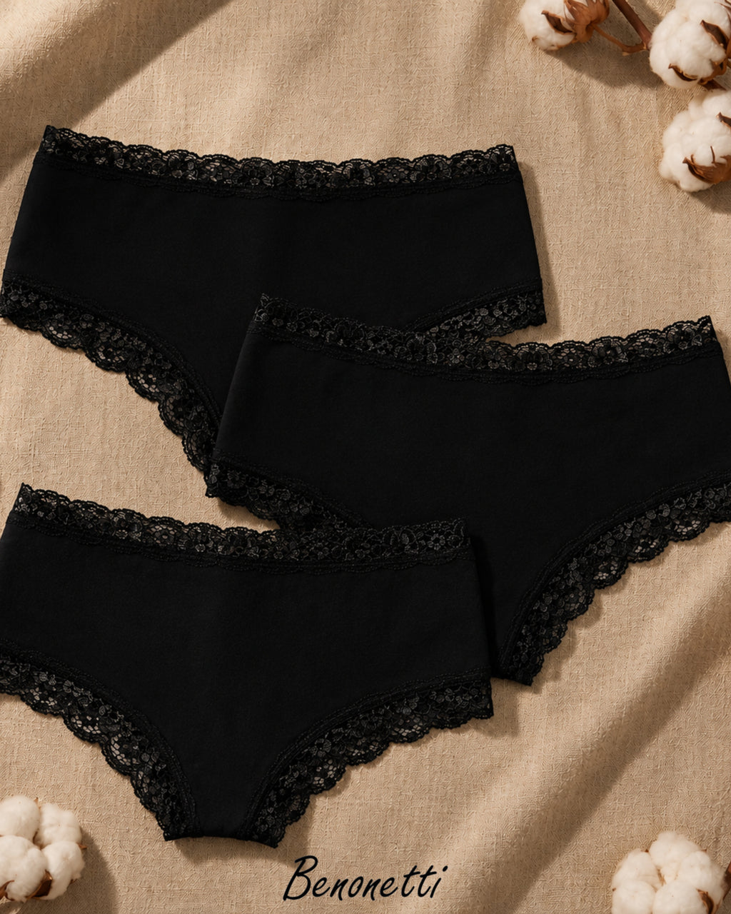 Benonetti Damen Brazilian mit Spitzen - Schwarz - 3er Pack
