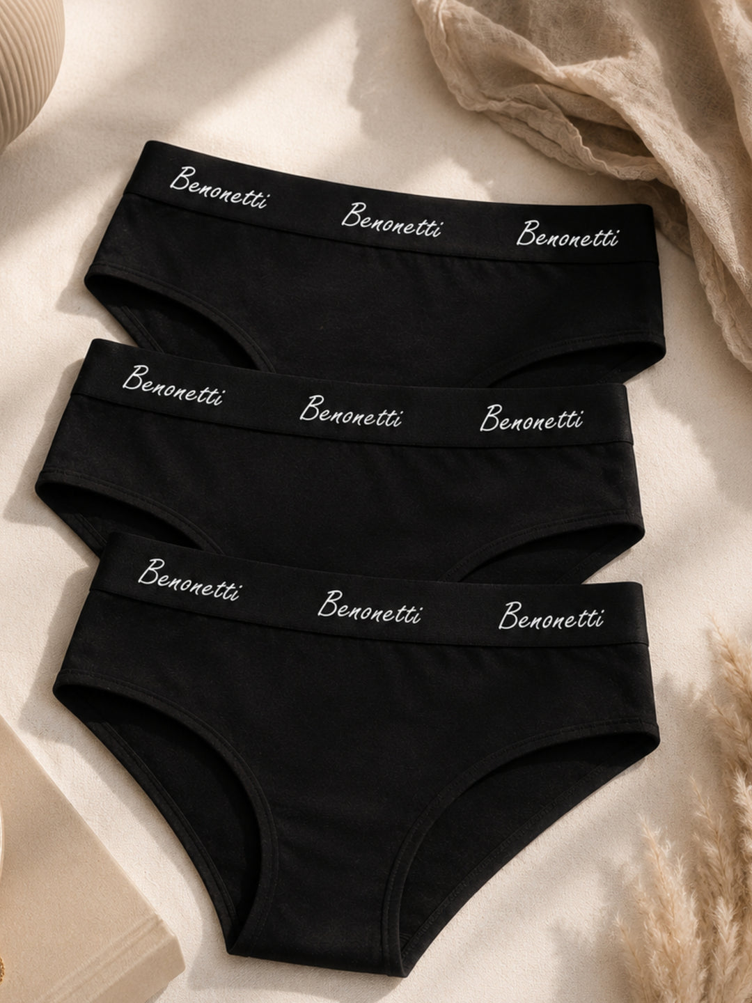Benonetti Damen Slip mit elastischem Bund – Schwarz – 3er Pack
